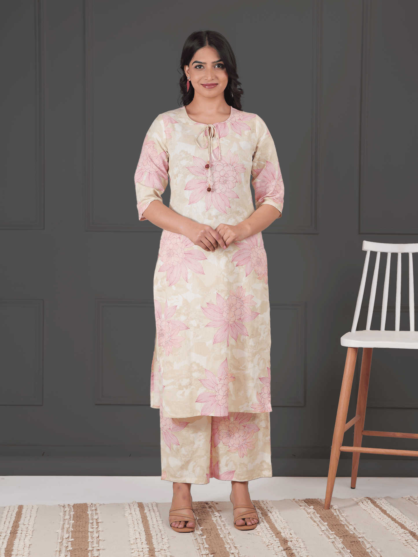 Linen Cotton Floral Straight Beige Kurta
