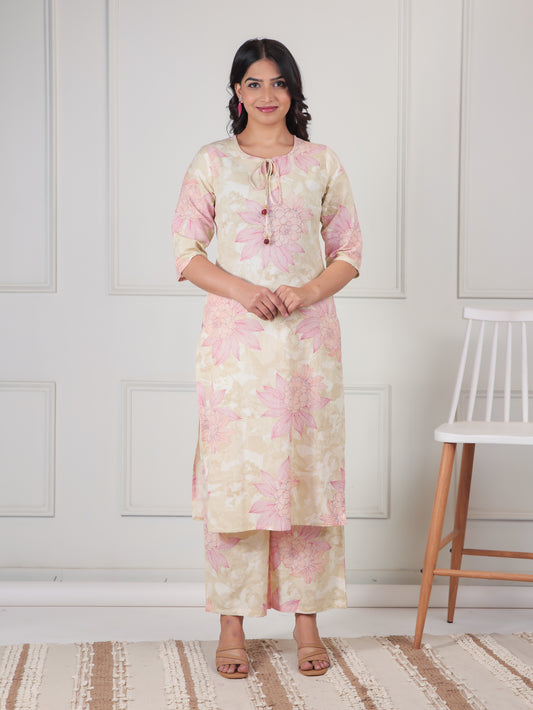 Linen Cotton Floral Straight Beige Kurta
