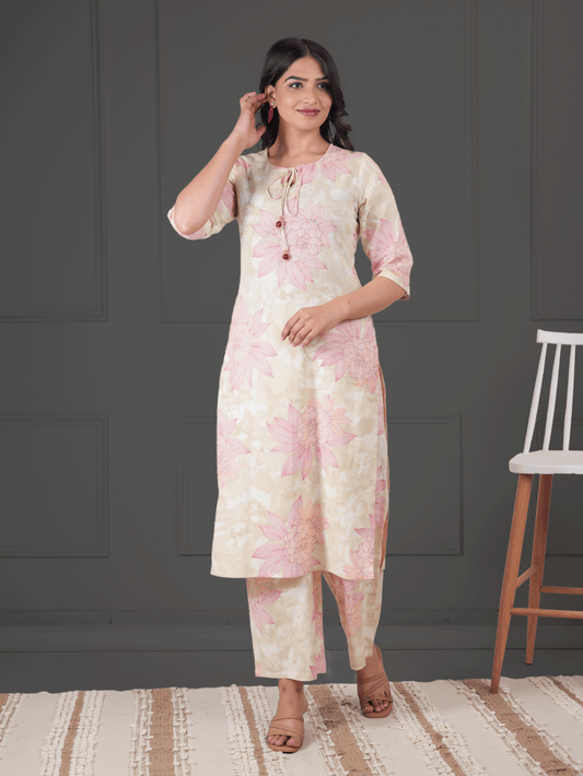 Linen Cotton Floral Straight Beige Kurta