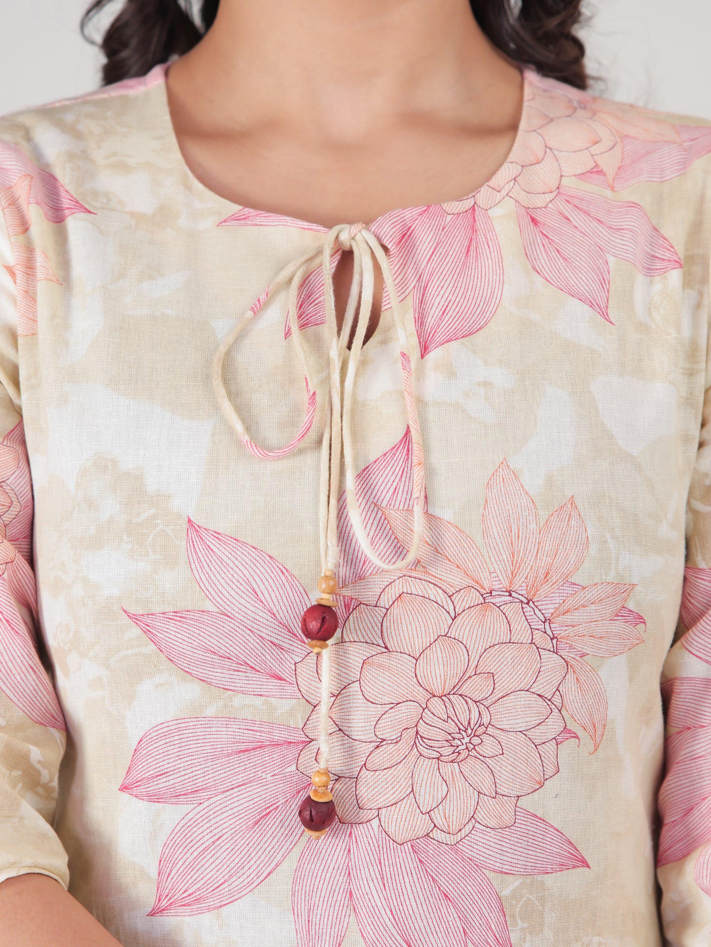 Linen Cotton Floral Straight Beige Kurta