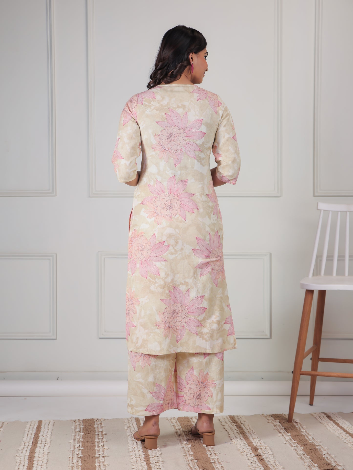 Linen Cotton Floral Straight Beige Kurta