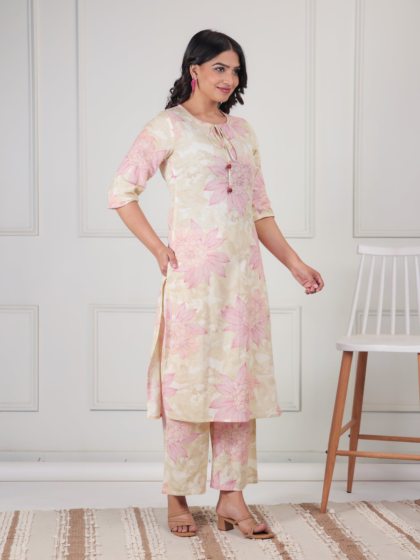 Linen Cotton Floral Straight Beige Kurta