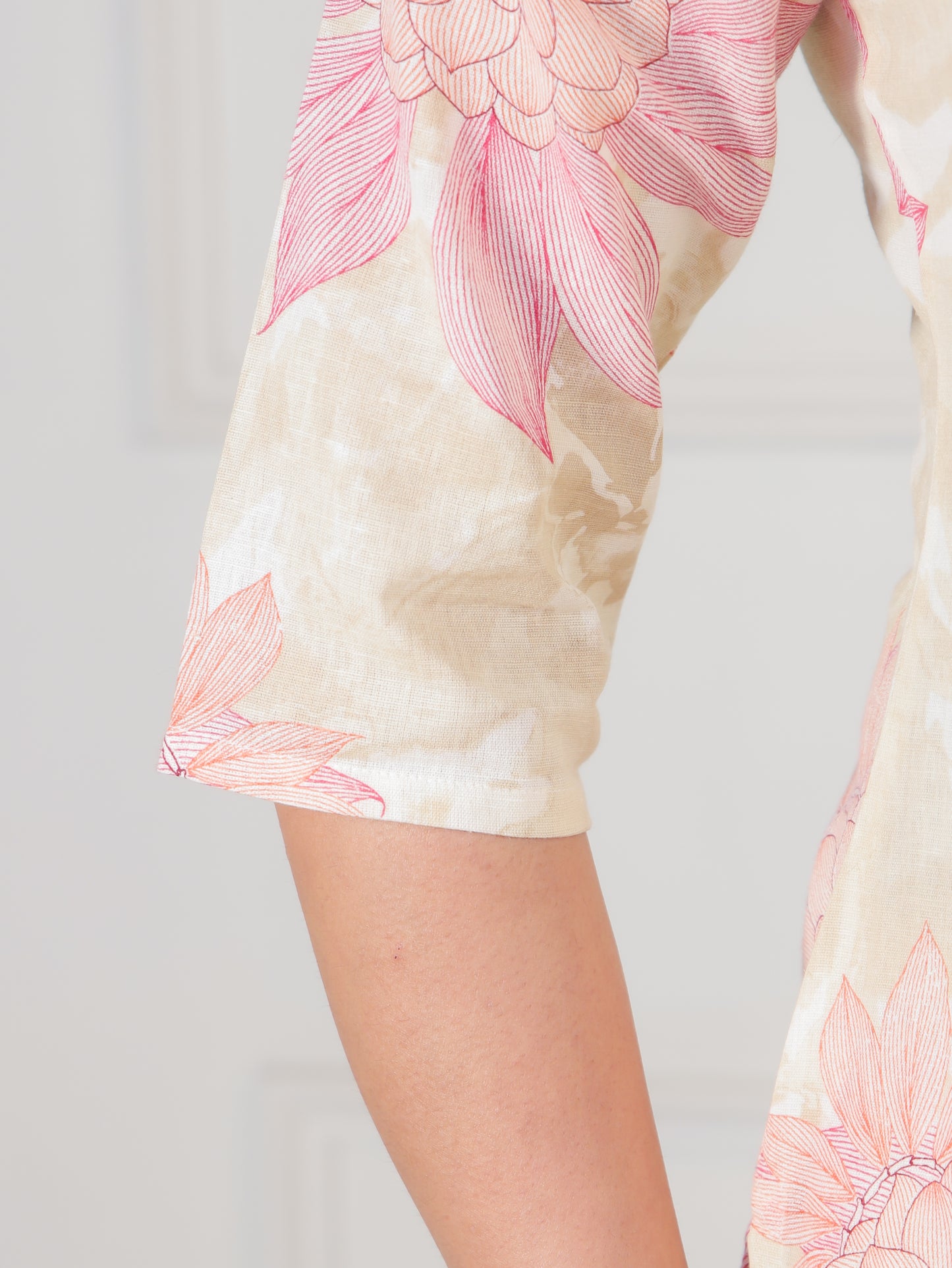 Linen Cotton Floral Straight Beige Kurta