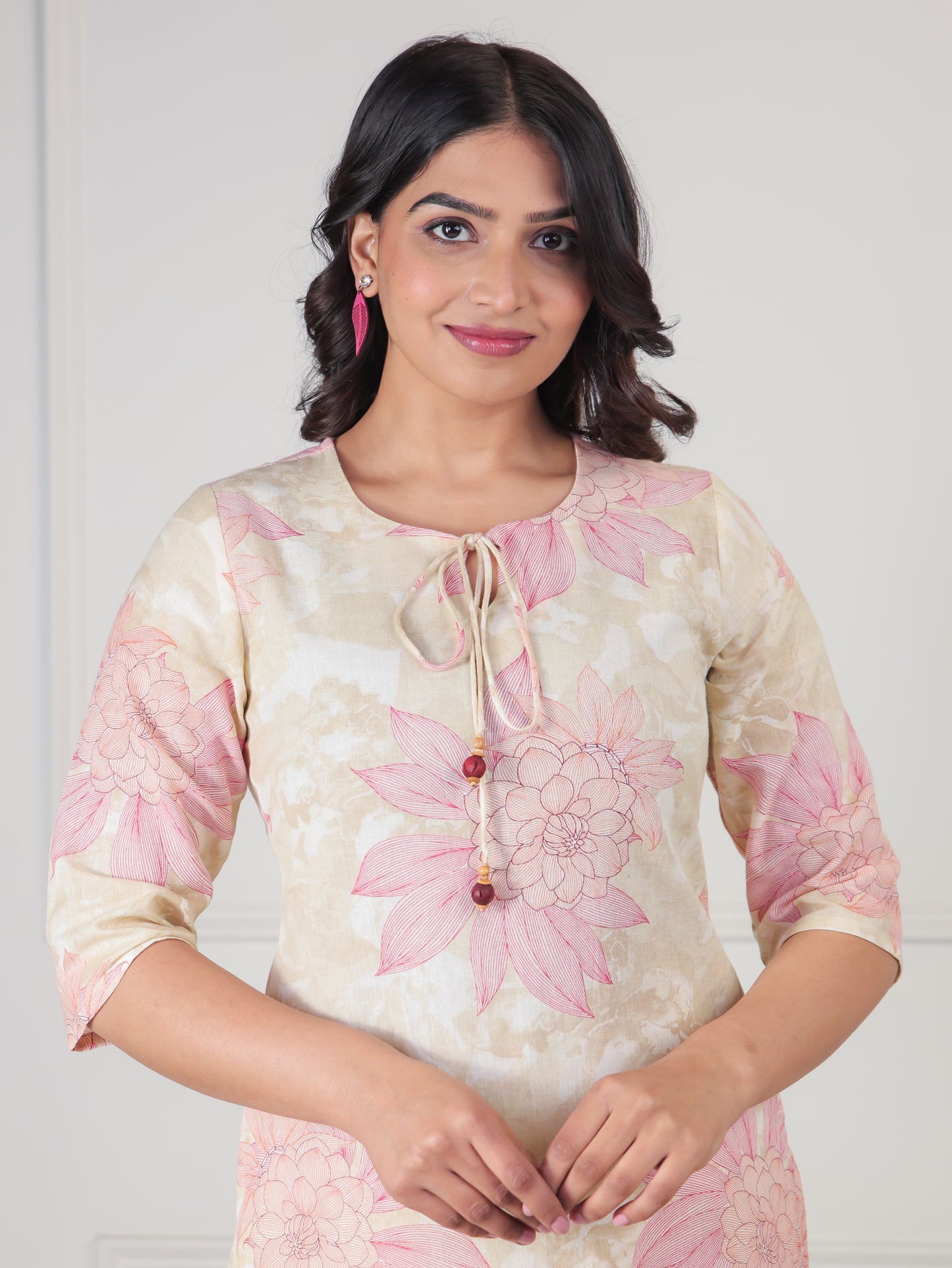 Linen Cotton Floral Straight Beige Kurta