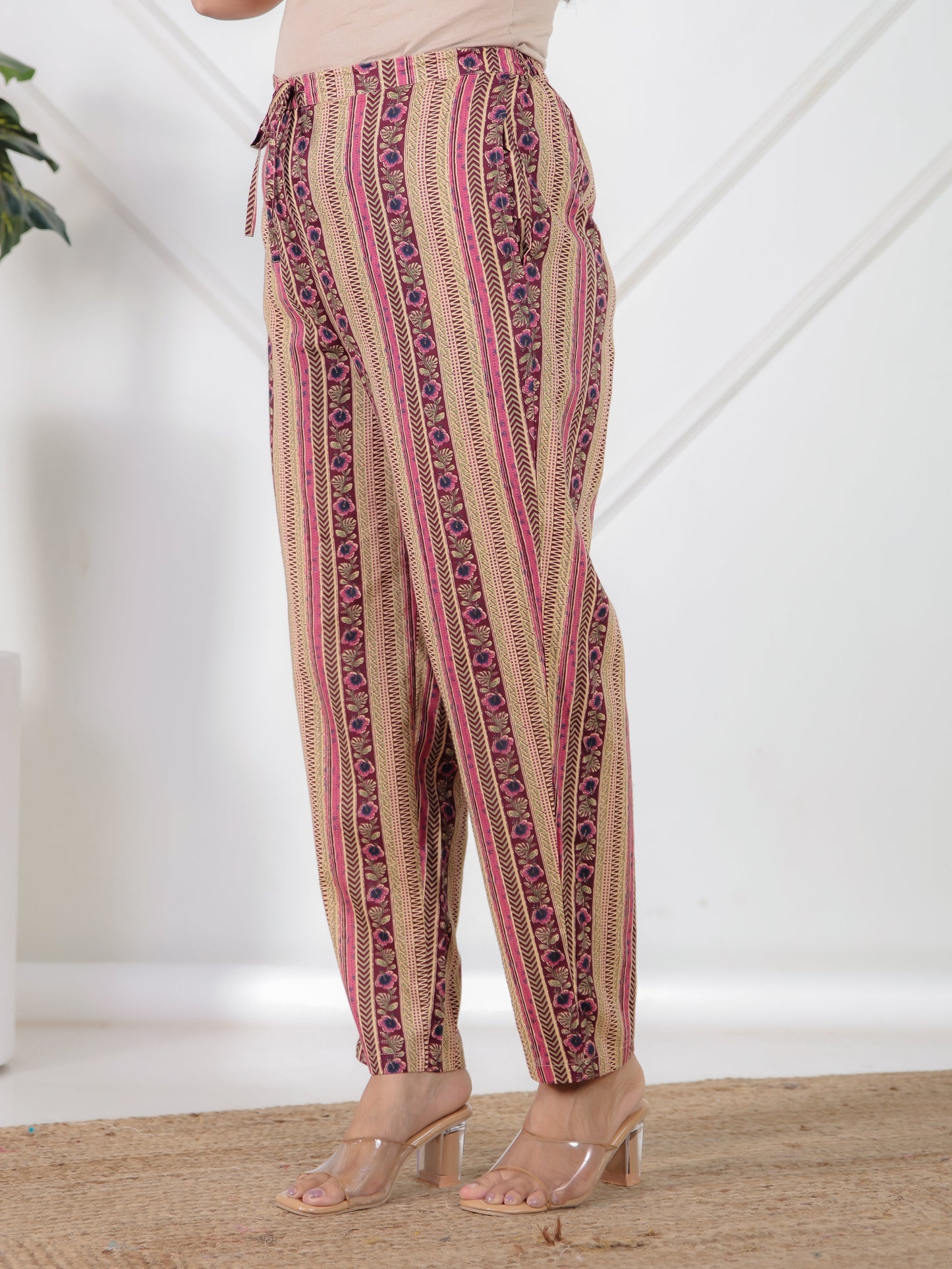 Soft Cotton Striped Purple Tapered Trousers