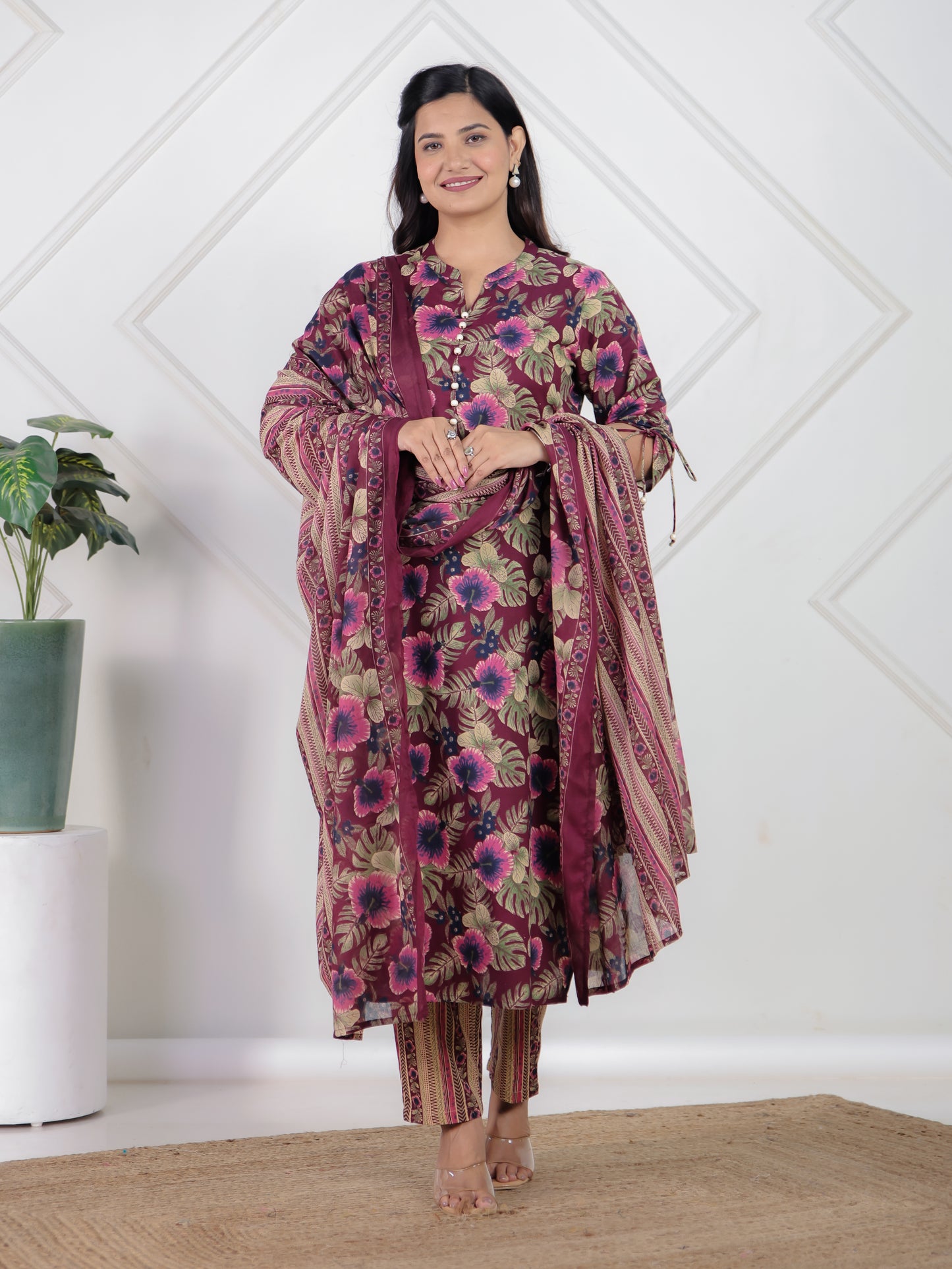 Soft Cotton Floral Straight Purple Kurta