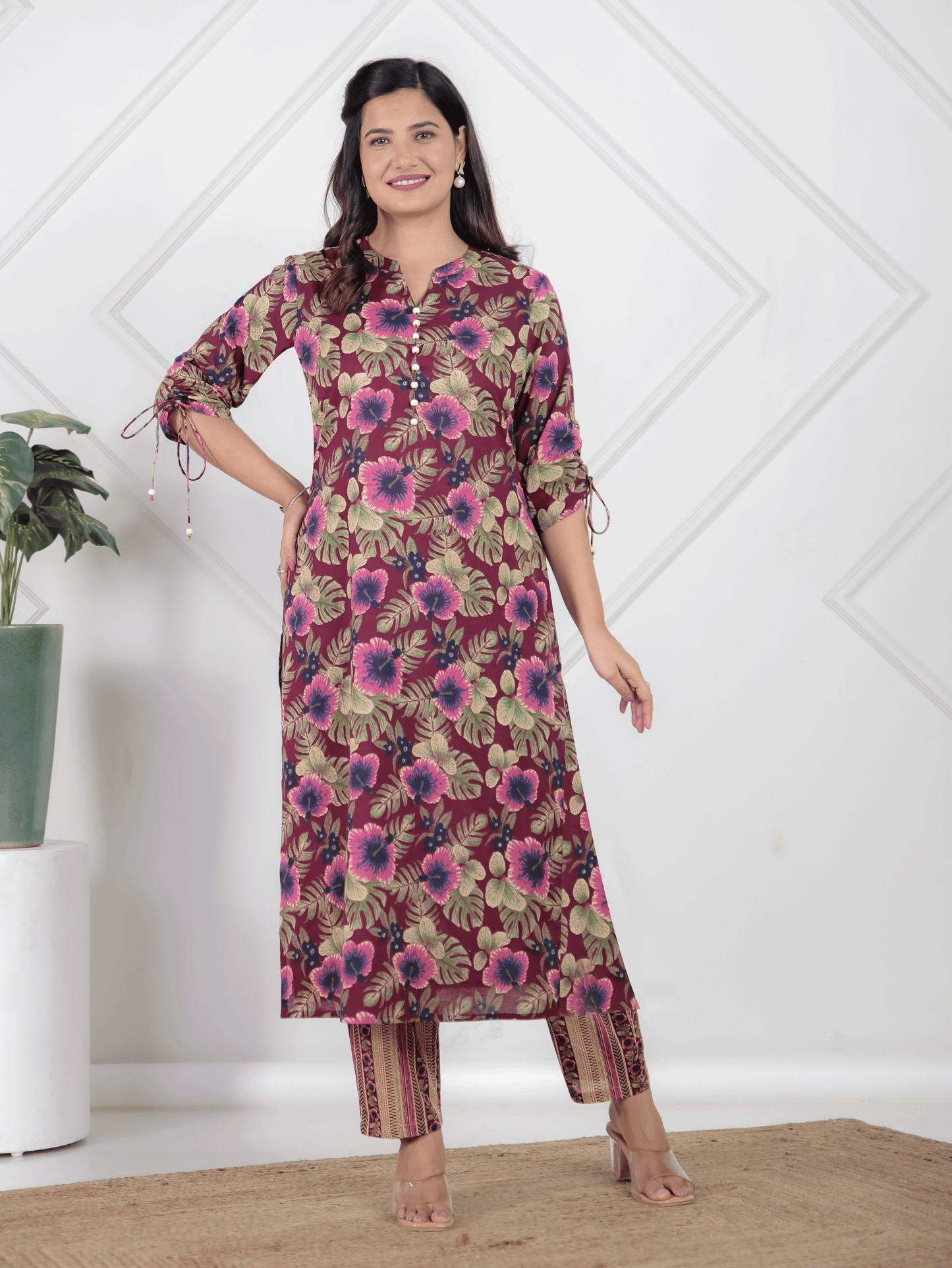 Soft Cotton Floral Straight Purple Kurta
