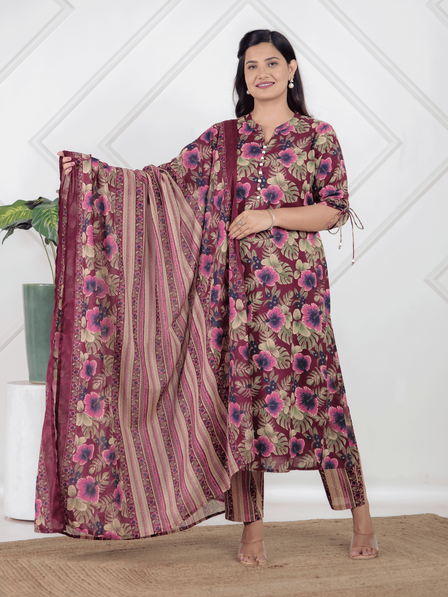 Soft Cotton Floral Straight Purple Kurta