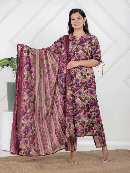 Soft Cotton Floral Straight Purple Kurta