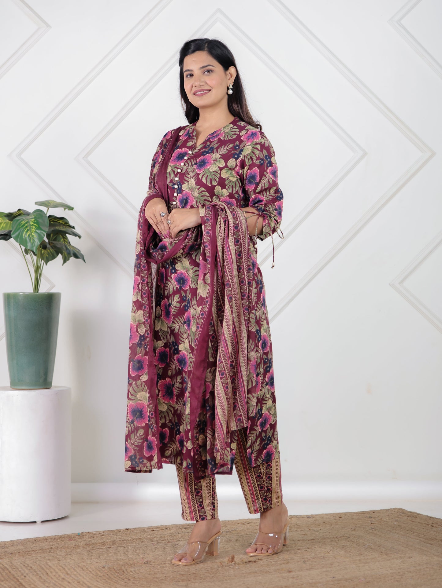 Soft Cotton Floral Straight Purple Kurta