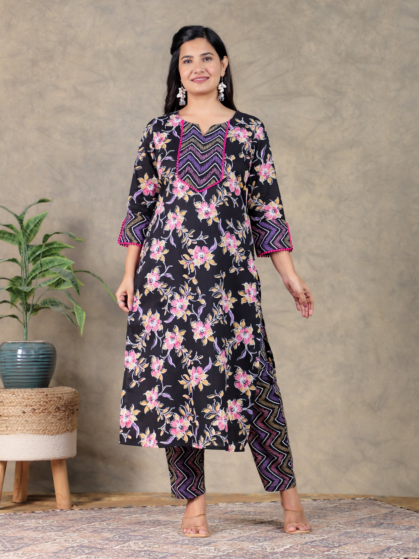 Soft Cotton Floral Straight Black Kurta