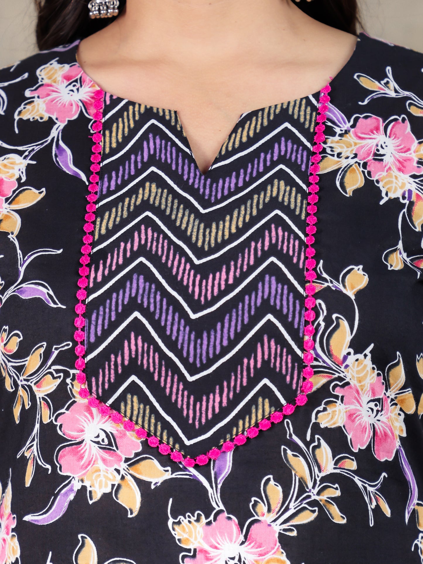 Soft Cotton Floral Straight Black Kurta