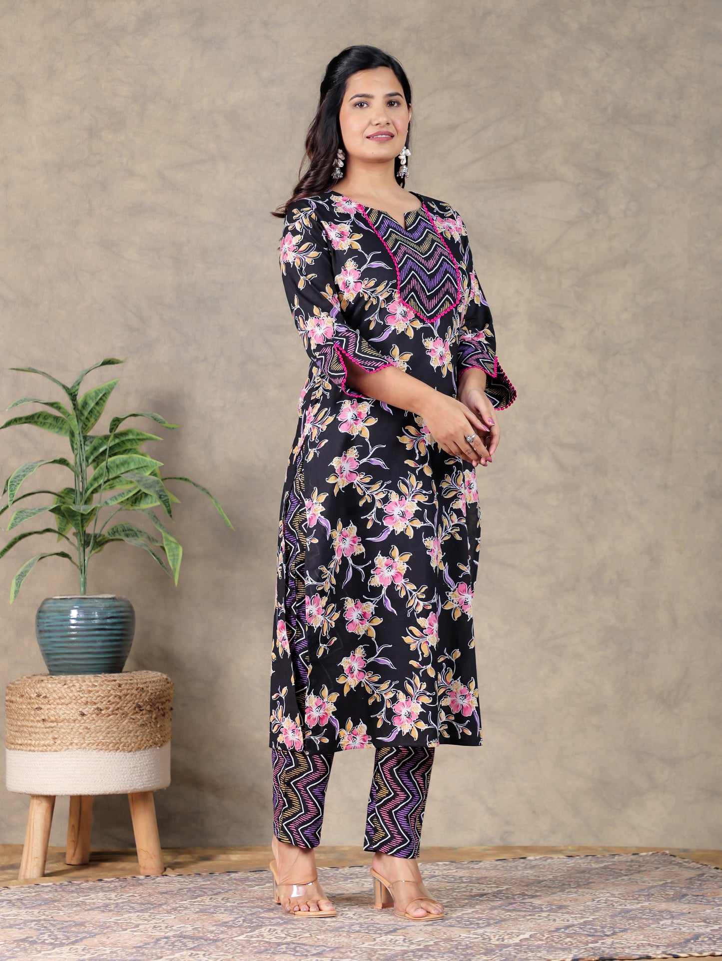Soft Cotton Floral Straight Black Kurta
