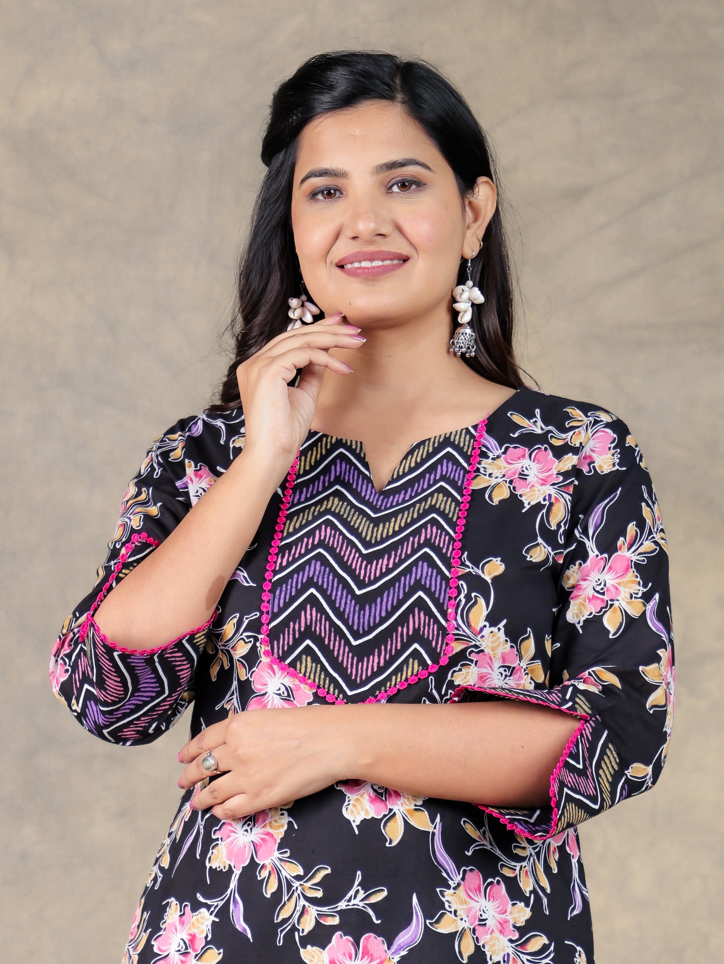 Soft Cotton Floral Straight Black Kurta