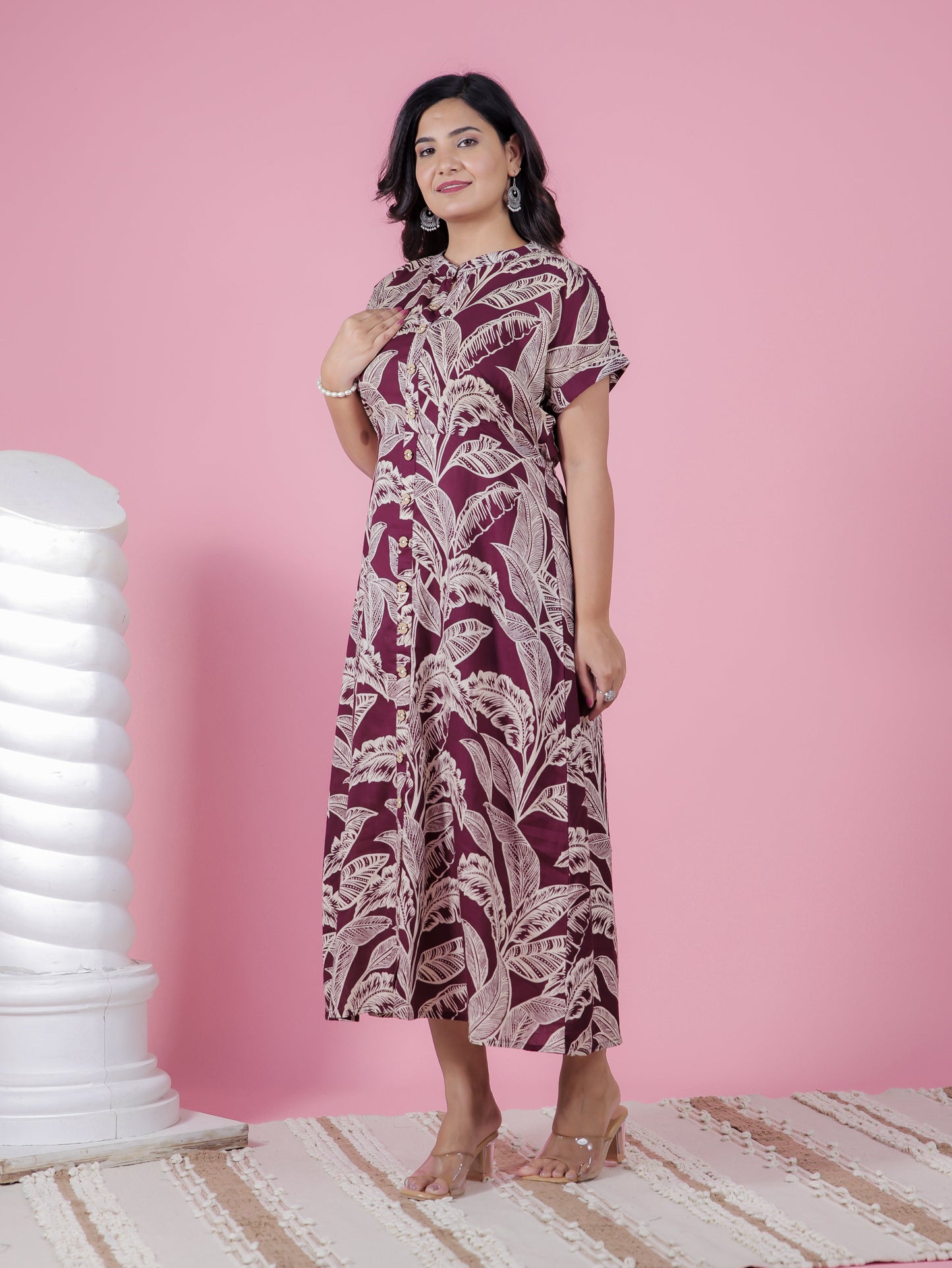 Soft Cotton Foliage A-line Purple Dress