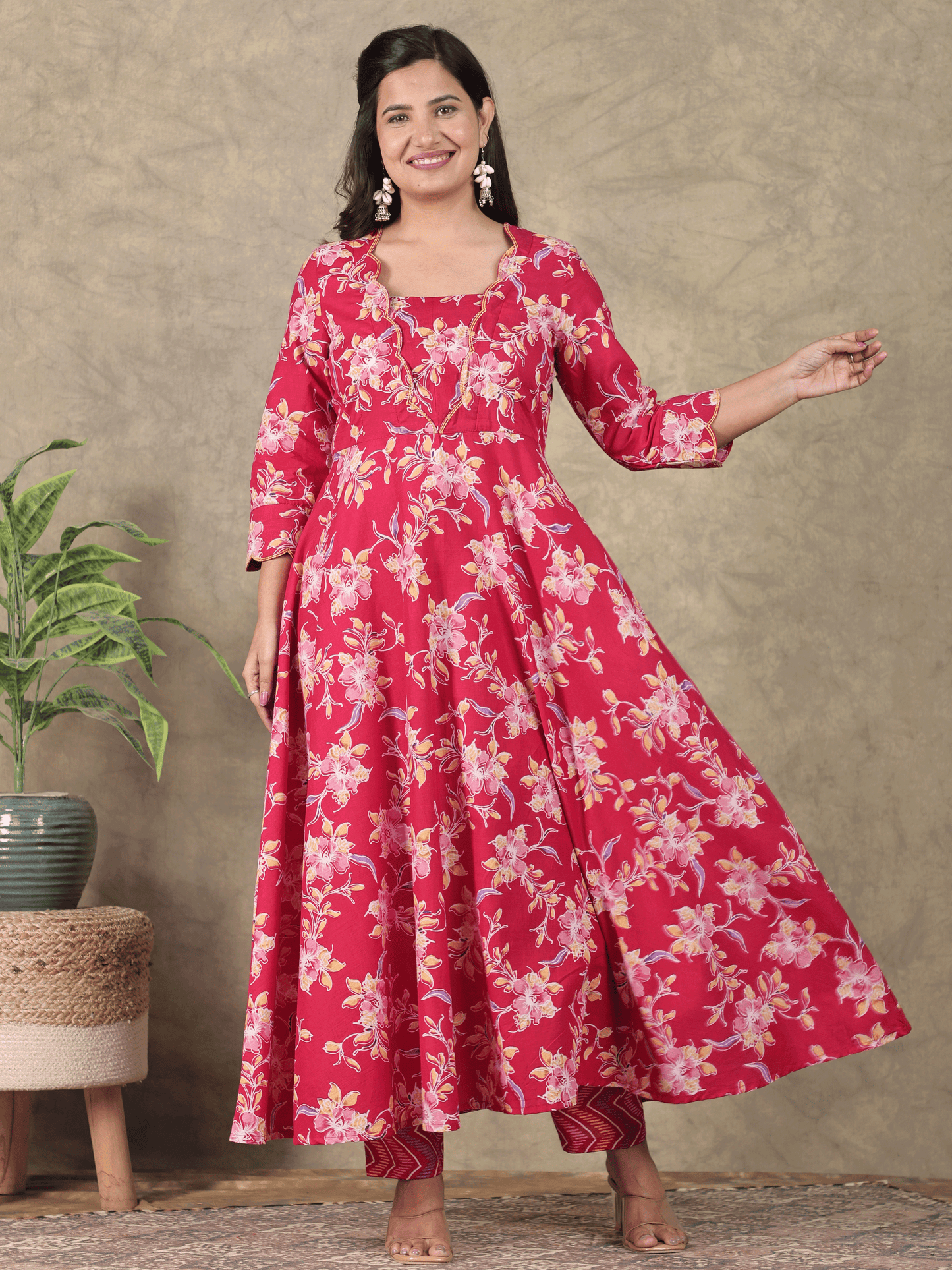 Embroidered Soft Cotton Floral Anarkali Red Kurta