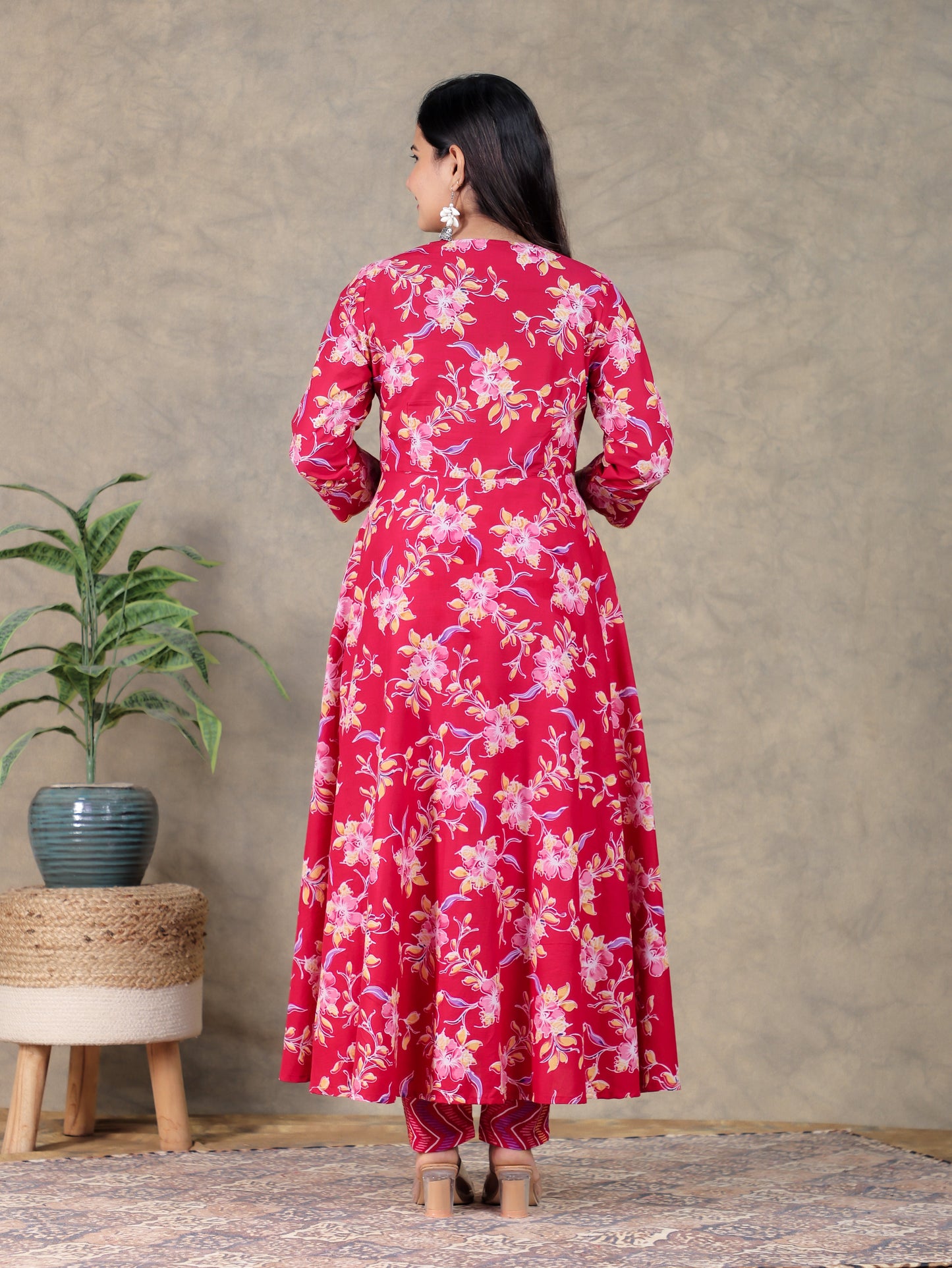 Embroidered Soft Cotton Floral Anarkali Red Kurta