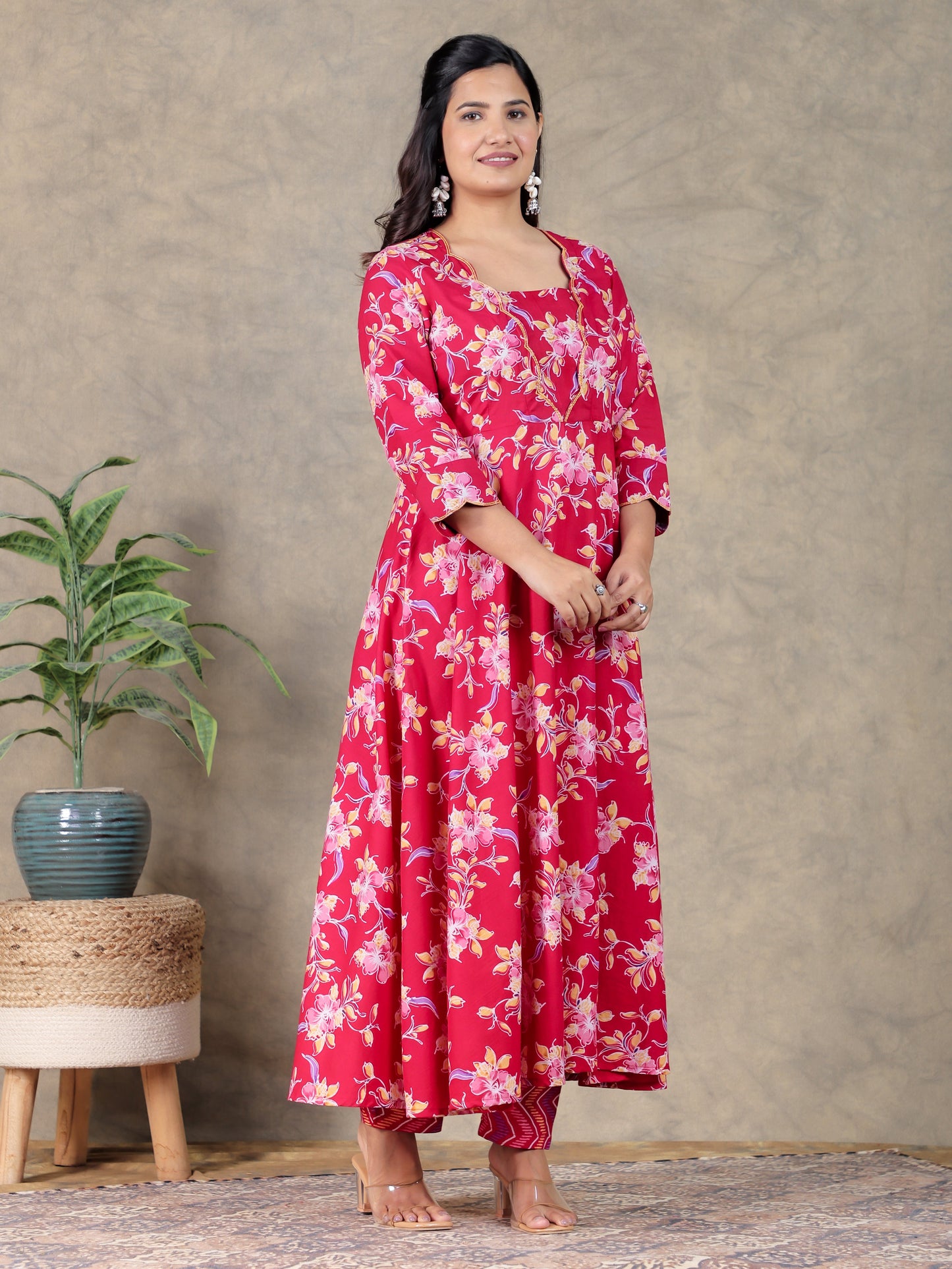 Embroidered Soft Cotton Floral Anarkali Red Kurta
