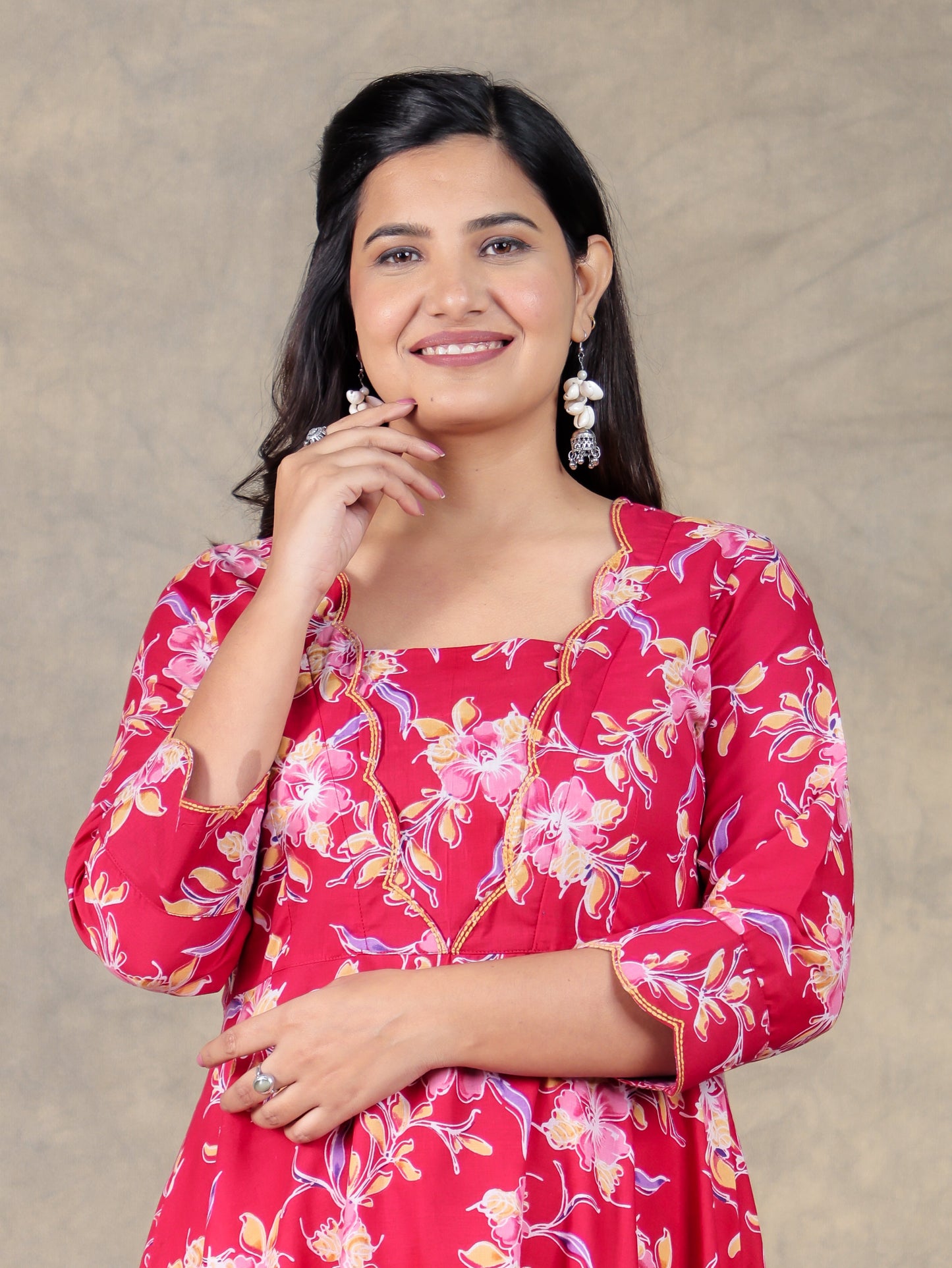 Embroidered Soft Cotton Floral Anarkali Red Kurta