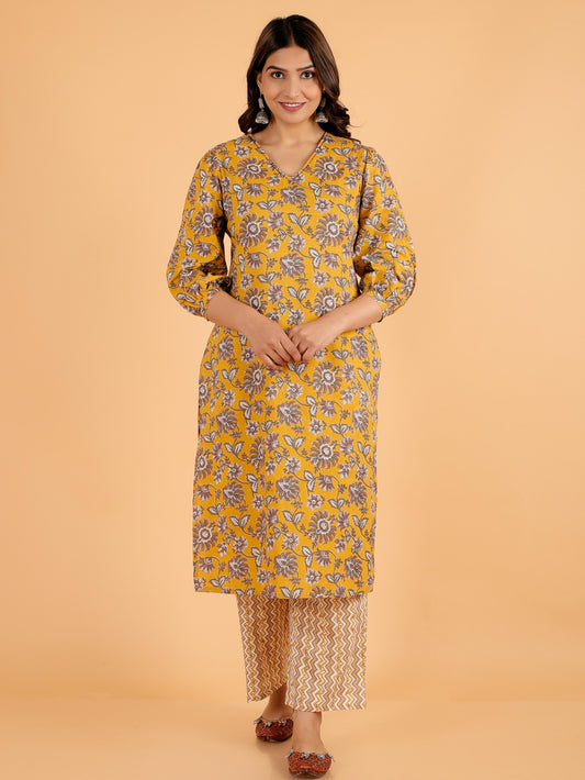 Soft Cotton Floral Straight Yellow Kurta