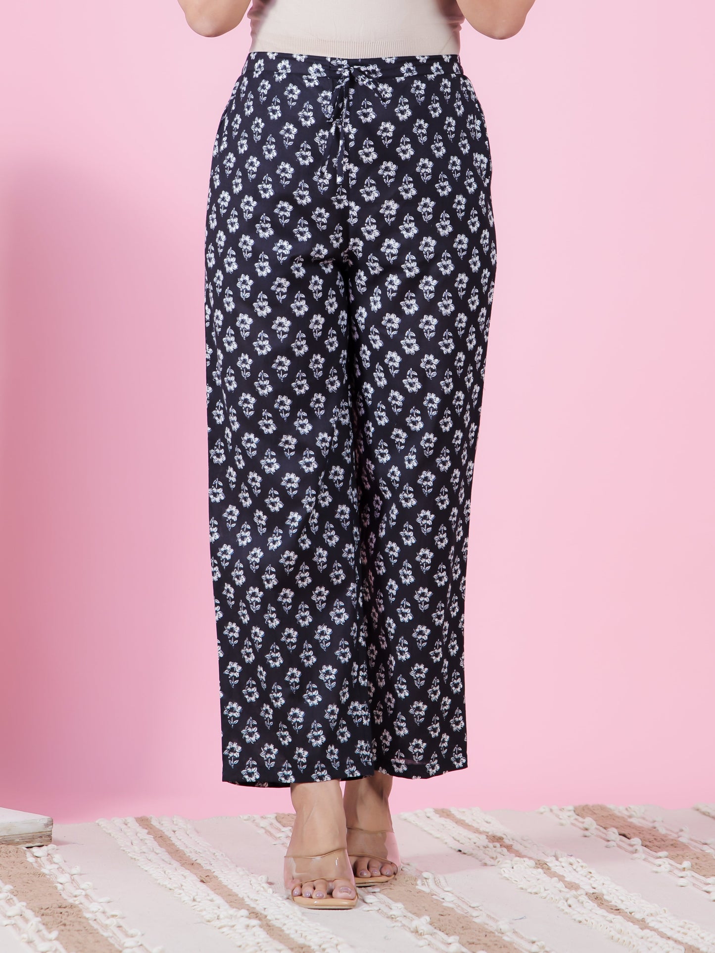 Soft Cotton Floral Black Straight Trousers