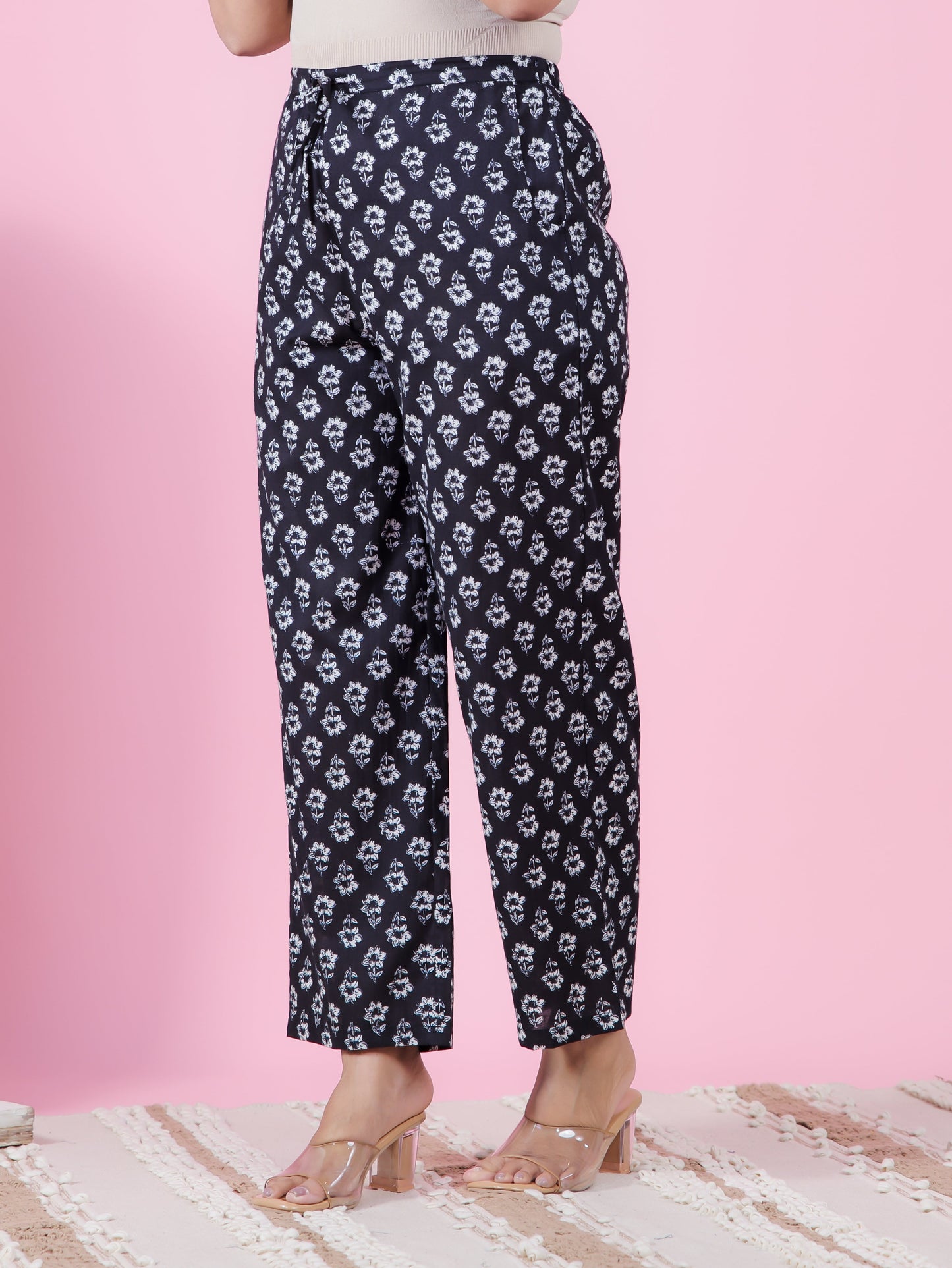 Soft Cotton Floral Black Straight Trousers