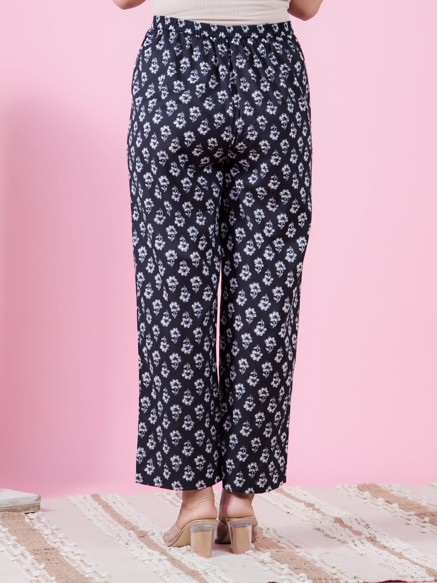 Soft Cotton Floral Black Straight Trousers