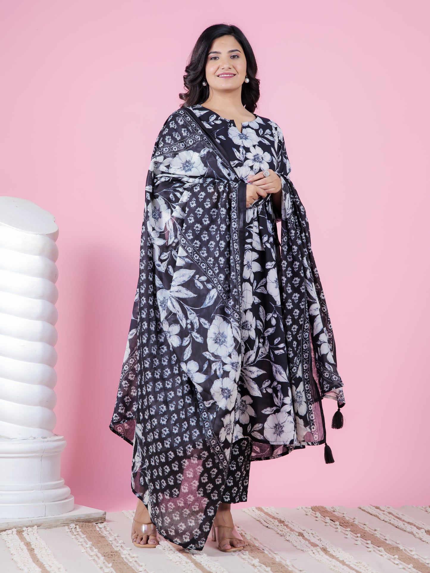 Soft Cotton Floral Gathered Black Kurta