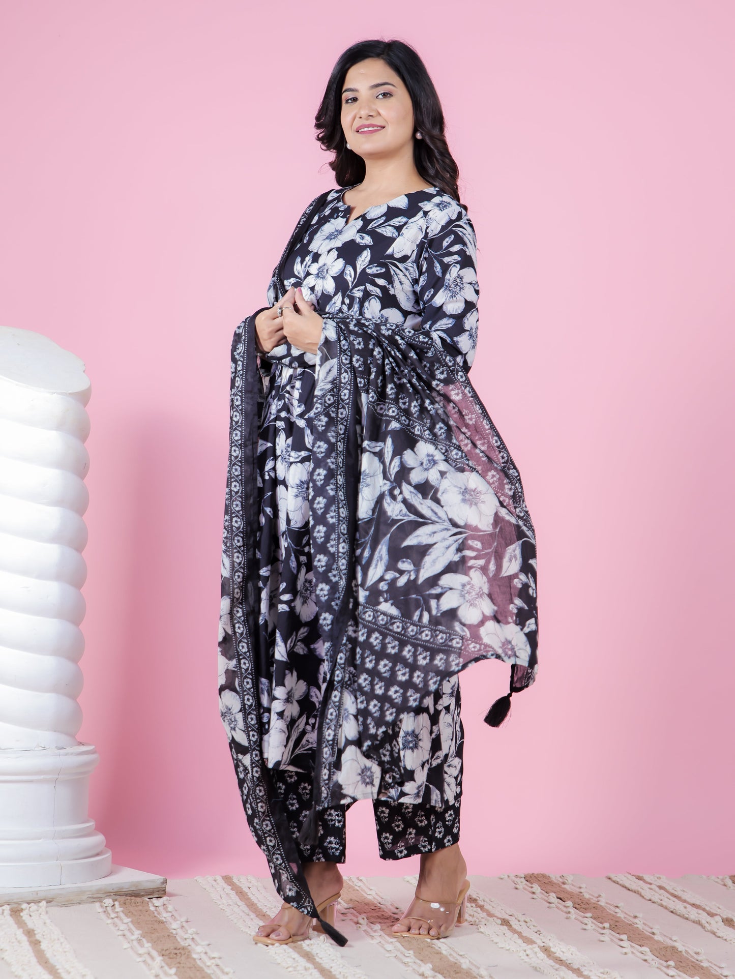 Soft Cotton Floral Gathered Black Kurta