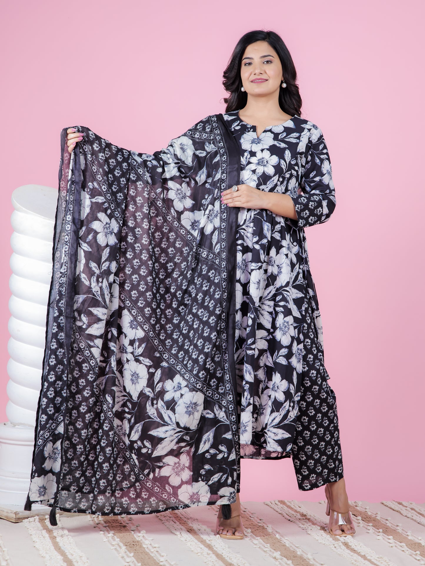 Soft Cotton Floral Gathered Black Kurta