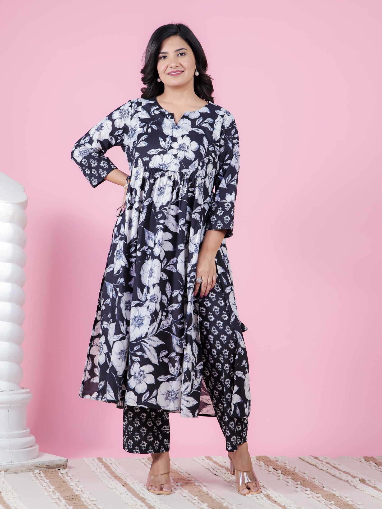 Soft Cotton Floral Gathered Black Kurta
