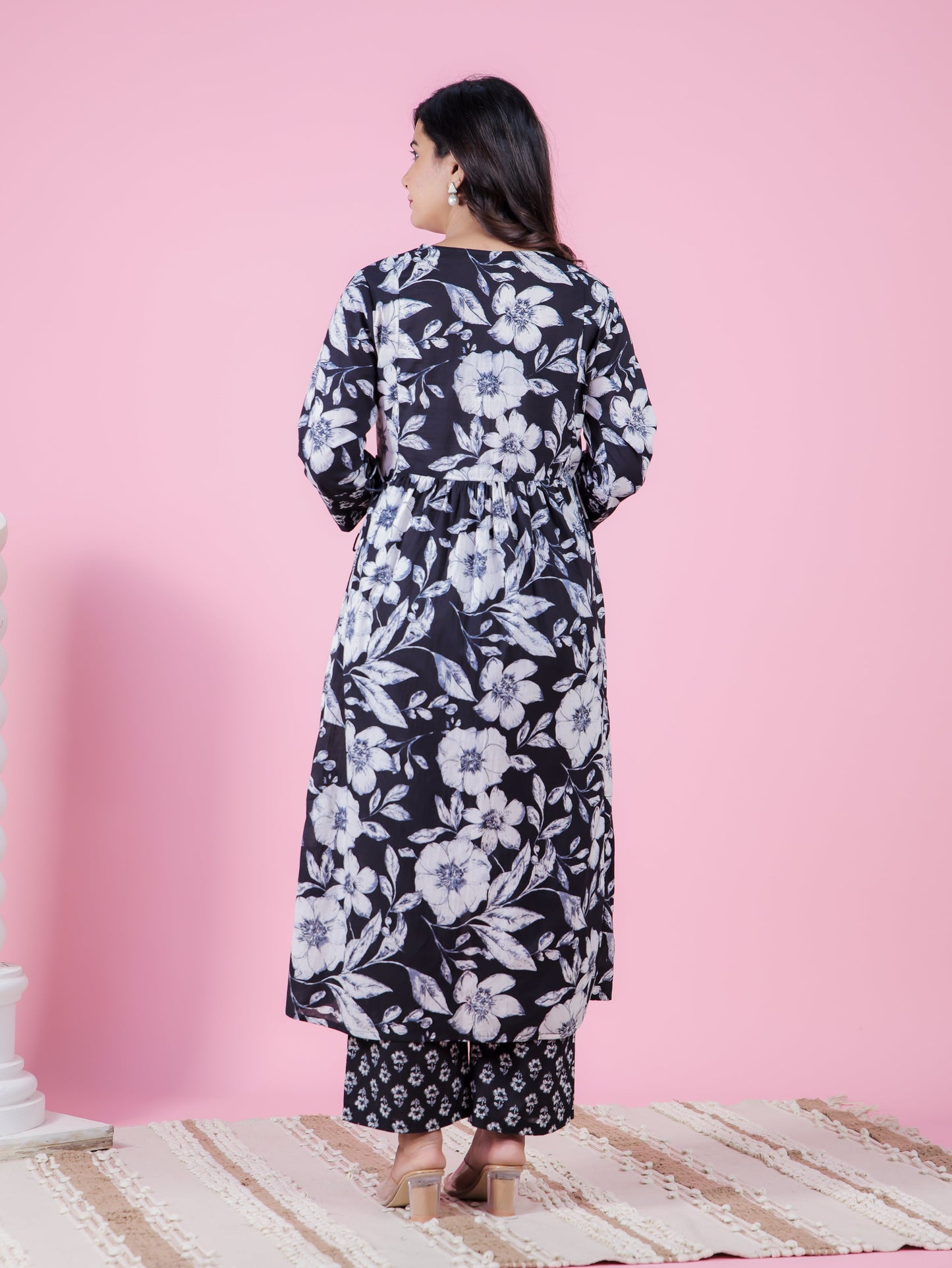 Soft Cotton Floral Gathered Black Kurta