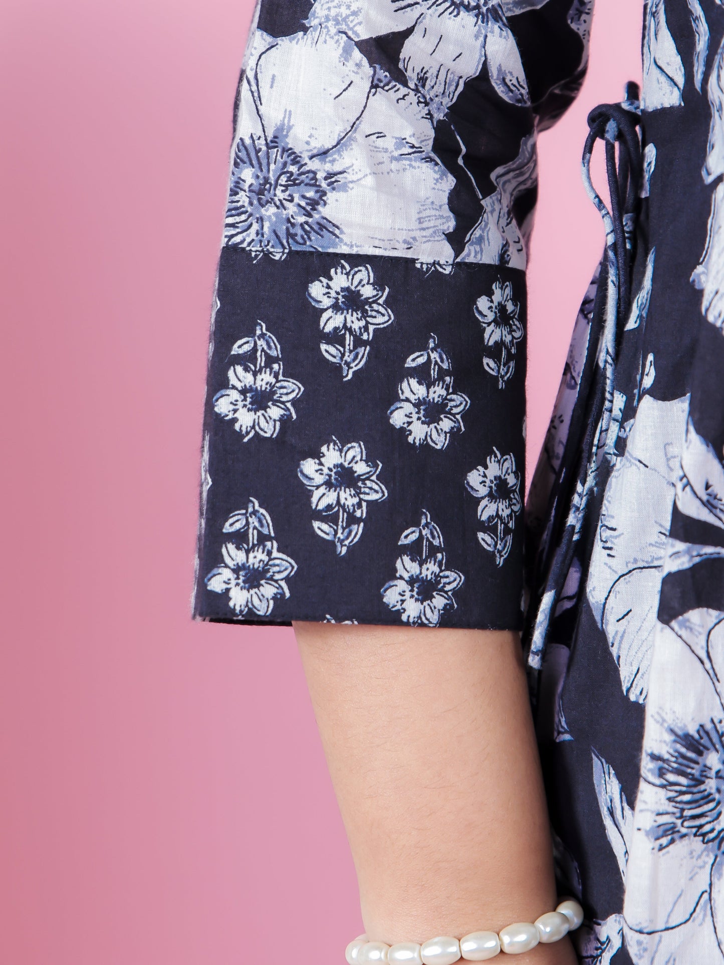 Soft Cotton Floral Gathered Black Kurta