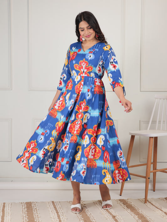 Soft Cotton Abstract Anarkali Blue Dress