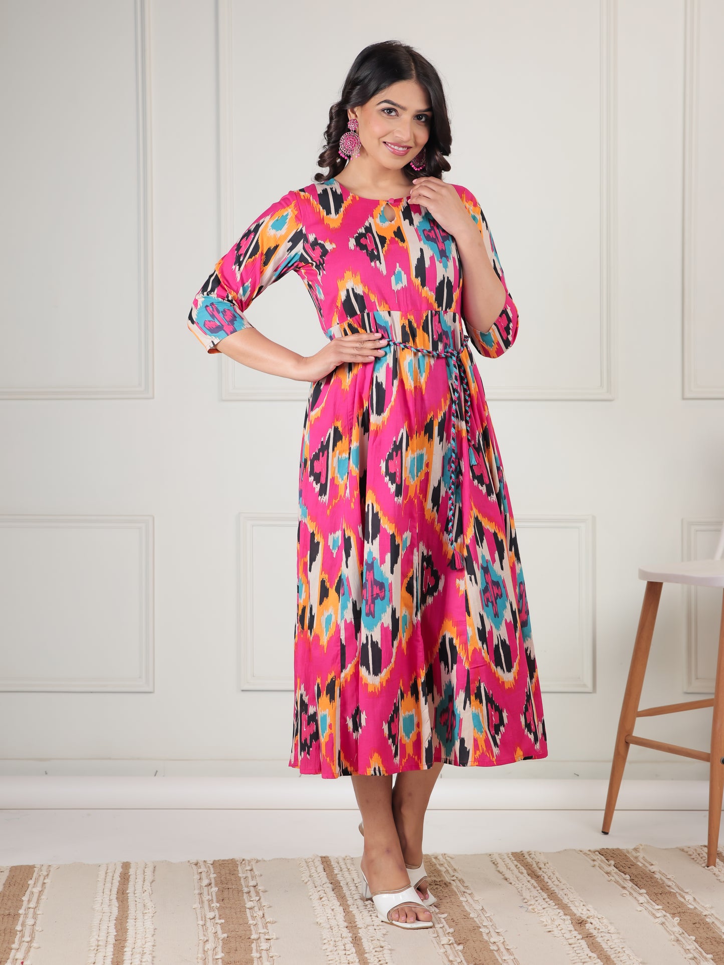 Soft Cotton Ikat Flared Multicolor Dress