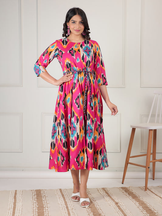 Soft Cotton Ikat Flared Multicolor Dress
