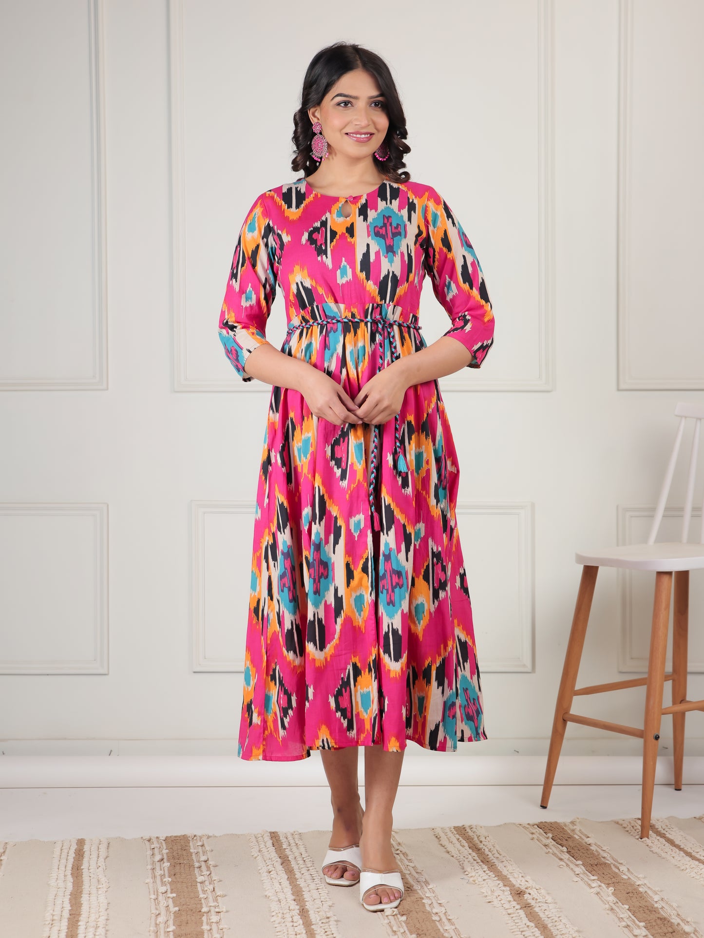 Soft Cotton Ikat Flared Multicolor Dress