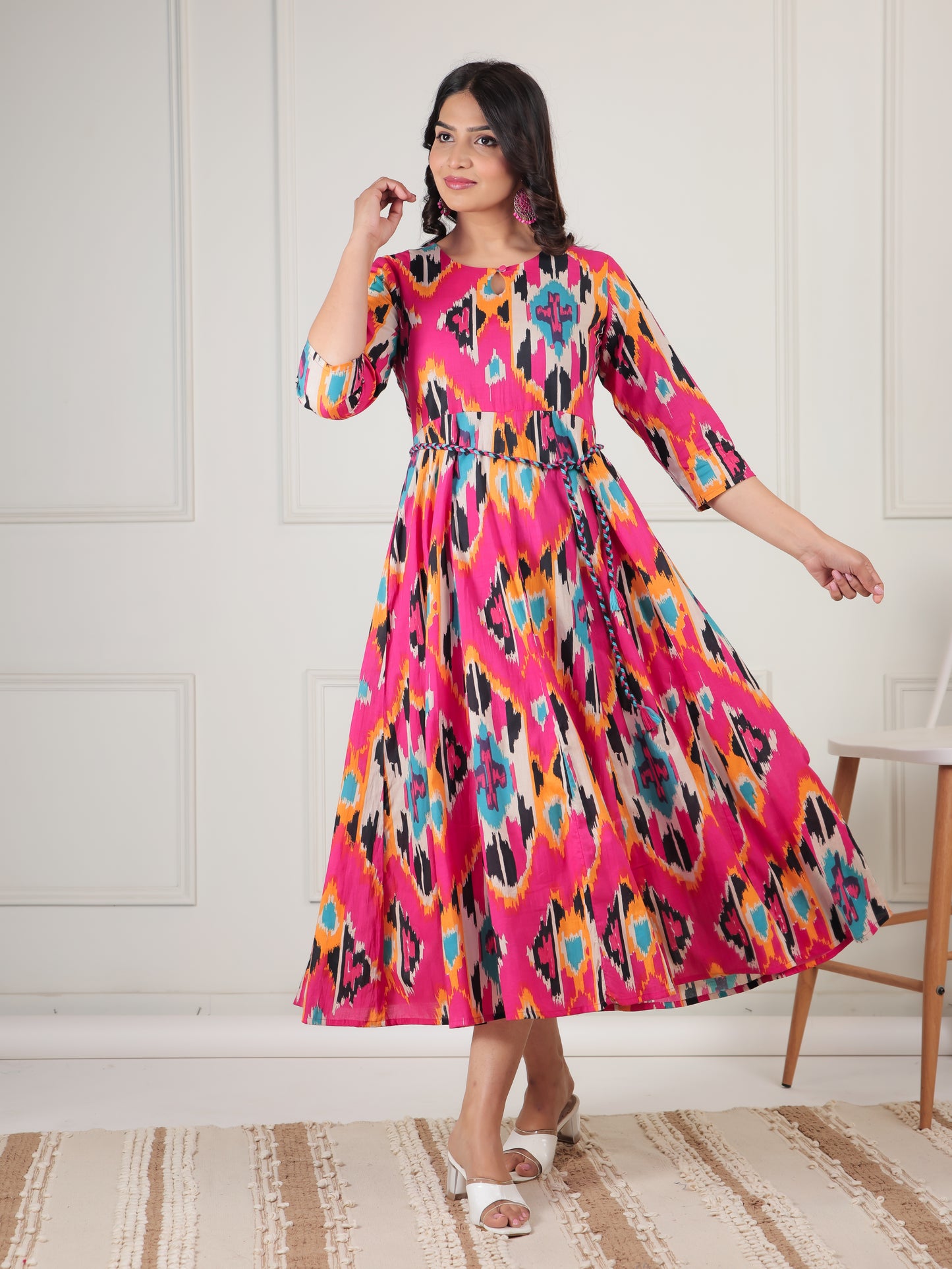 Soft Cotton Ikat Flared Multicolor Dress