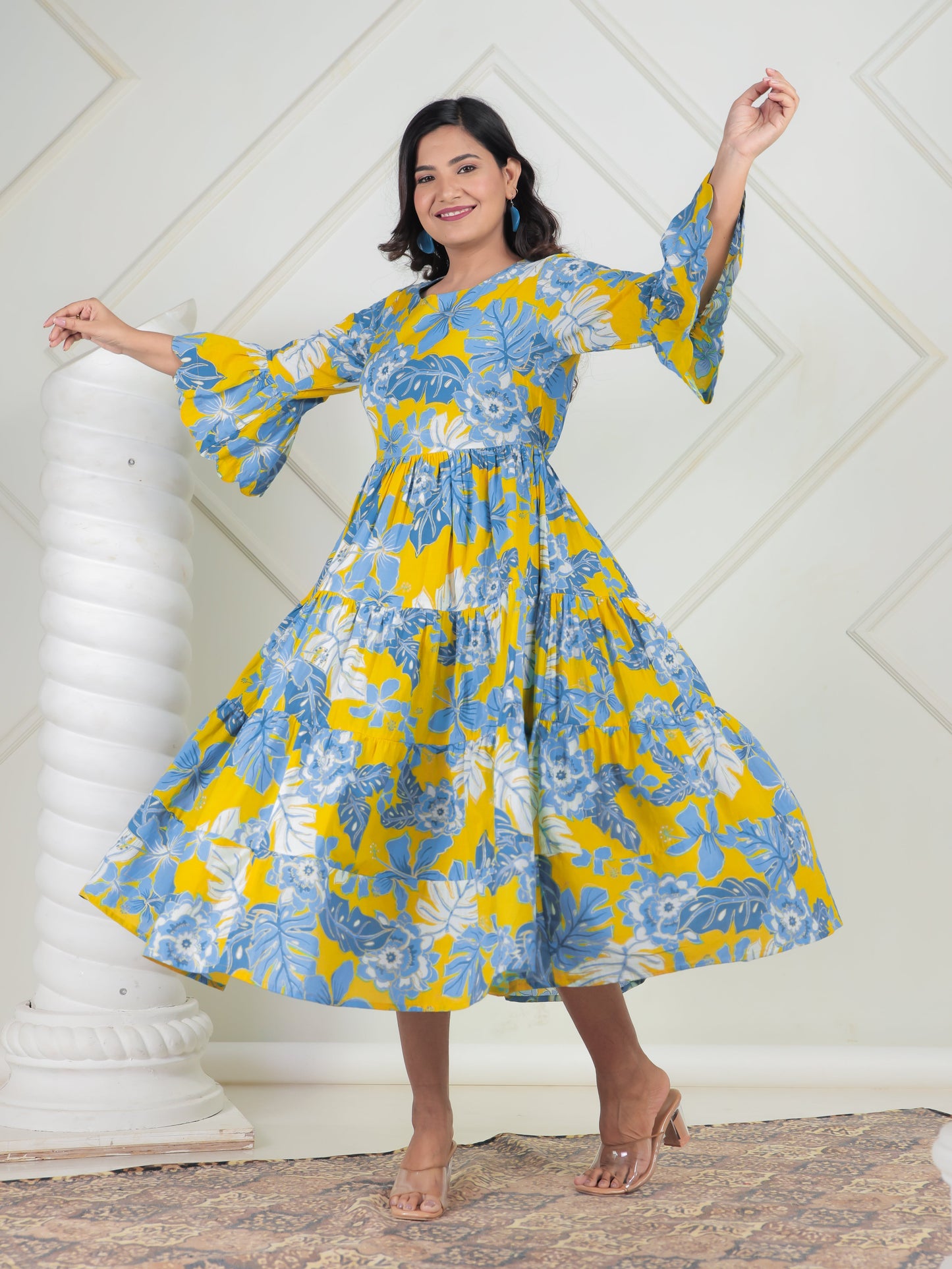 Soft Cotton Foliage Tiered Yellow Dress