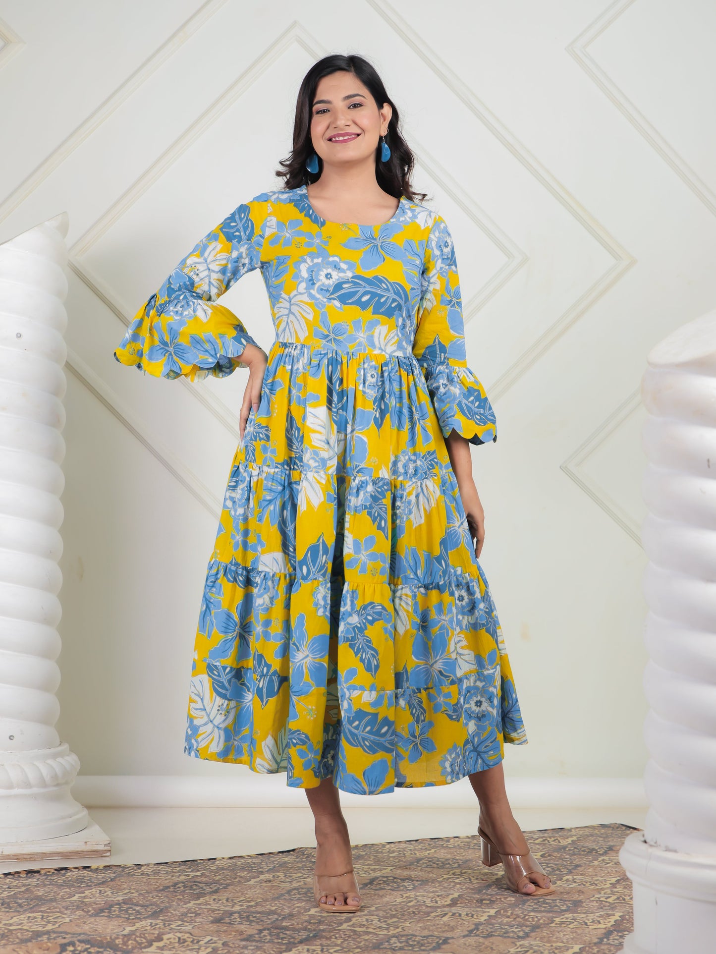 Soft Cotton Foliage Tiered Yellow Dress