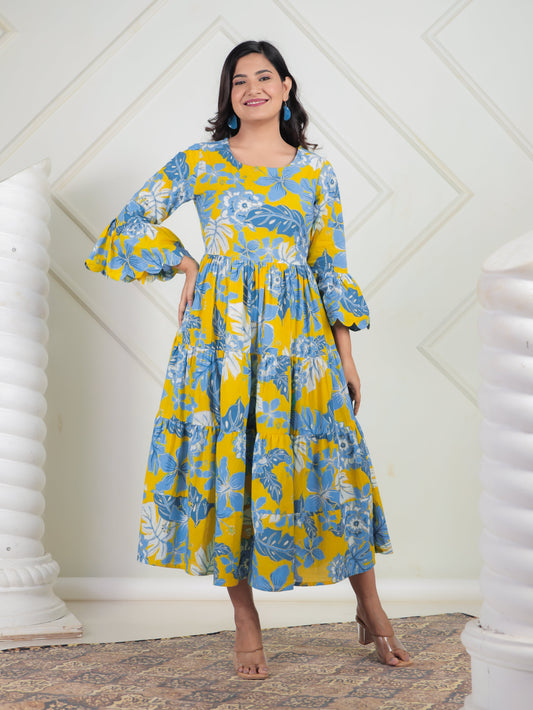 Soft Cotton Foliage Tiered Yellow Dress