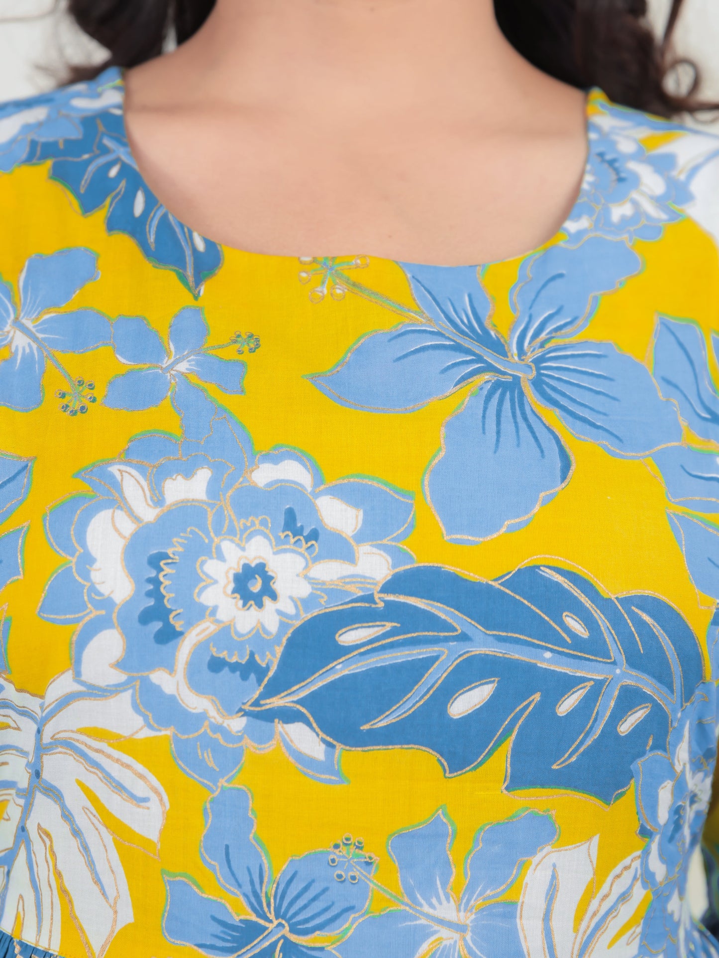 Soft Cotton Foliage Tiered Yellow Dress