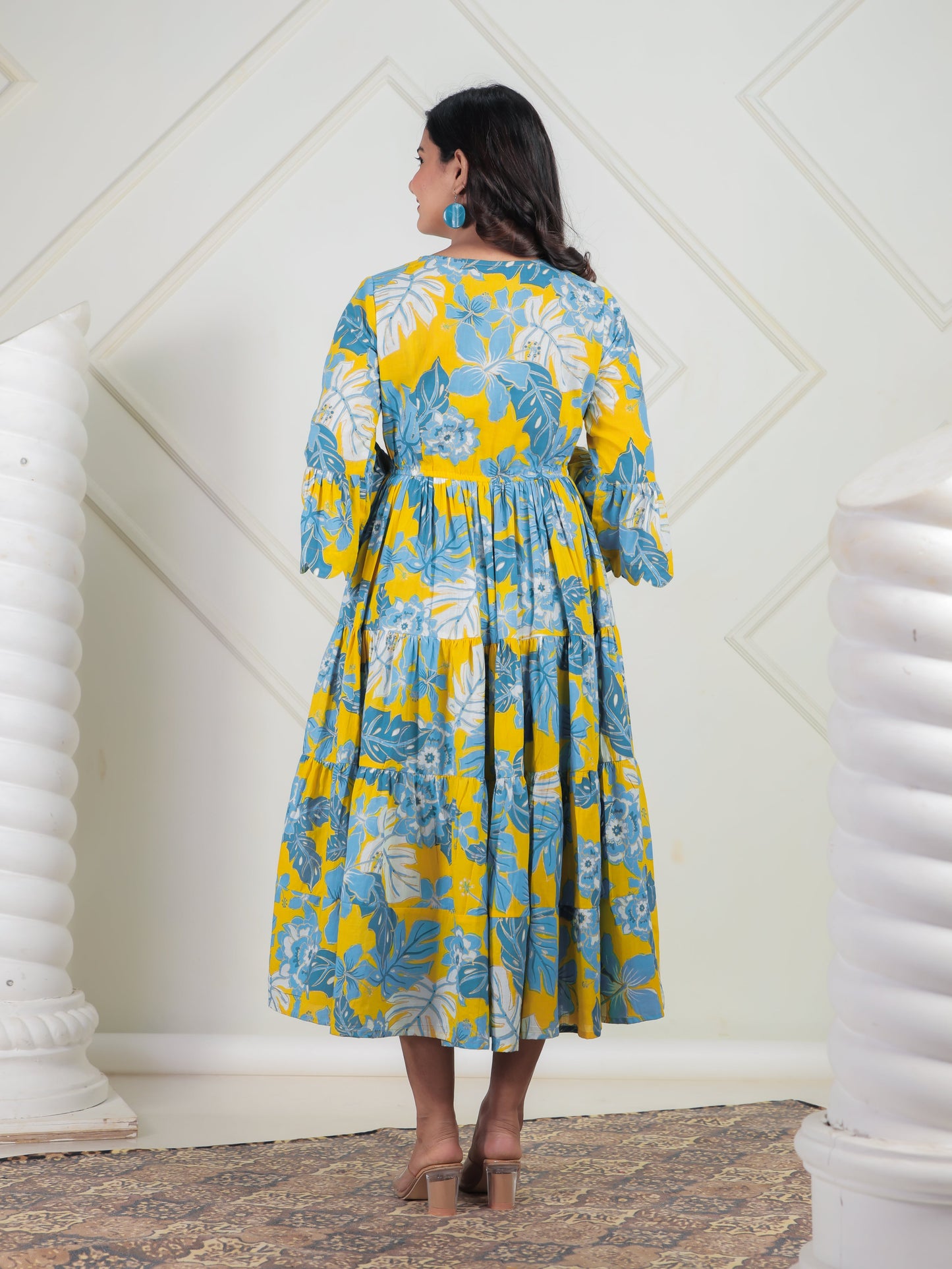 Soft Cotton Foliage Tiered Yellow Dress
