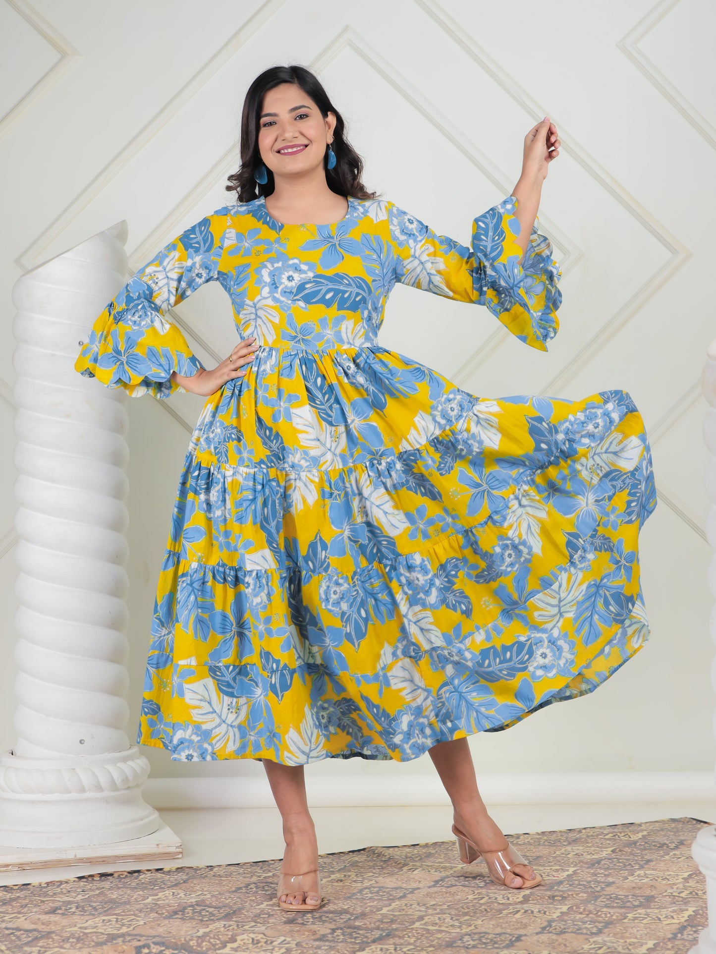 Soft Cotton Foliage Tiered Yellow Dress