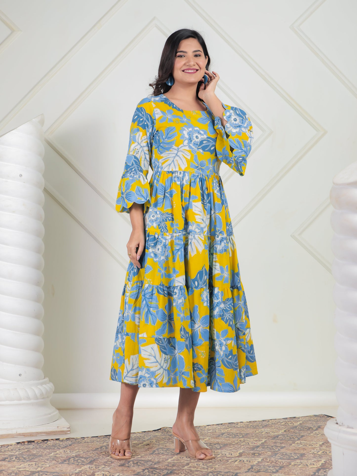 Soft Cotton Foliage Tiered Yellow Dress