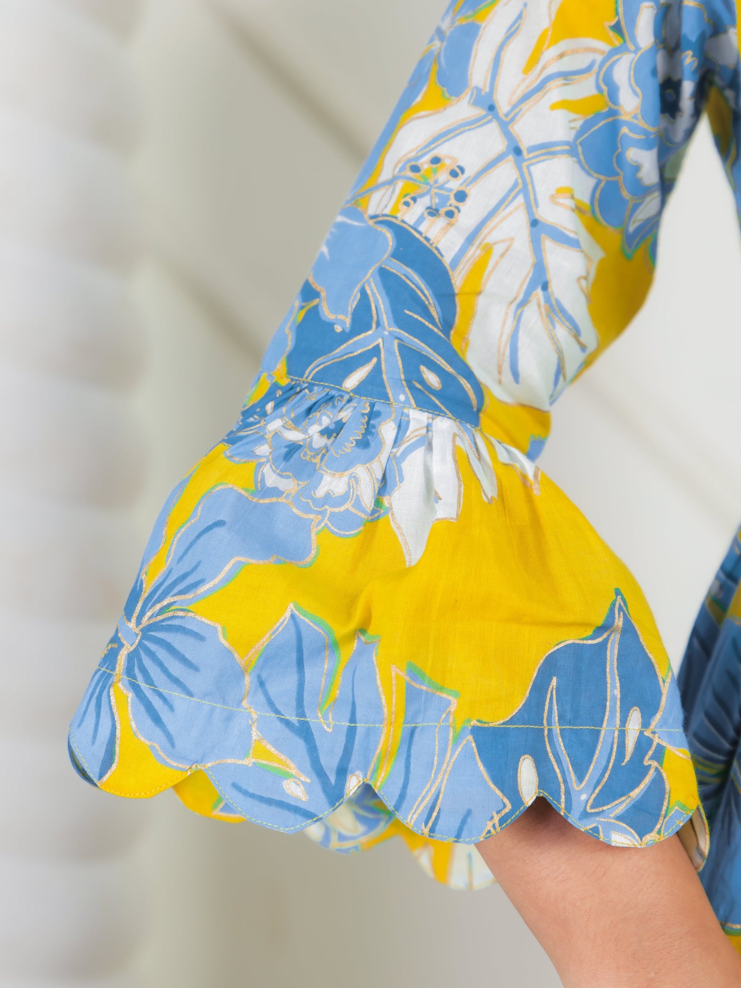 Soft Cotton Foliage Tiered Yellow Dress