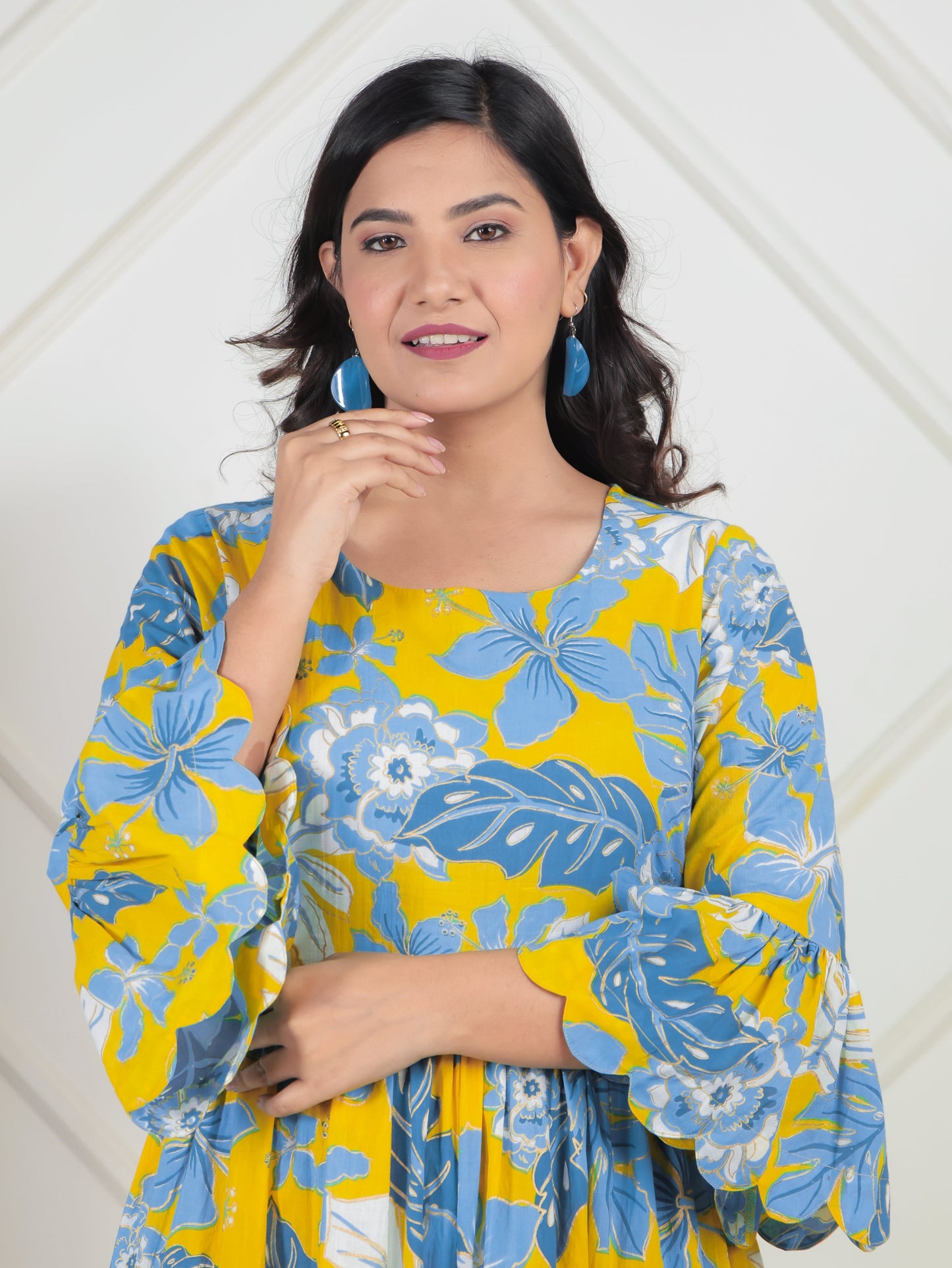 Soft Cotton Foliage Tiered Yellow Dress