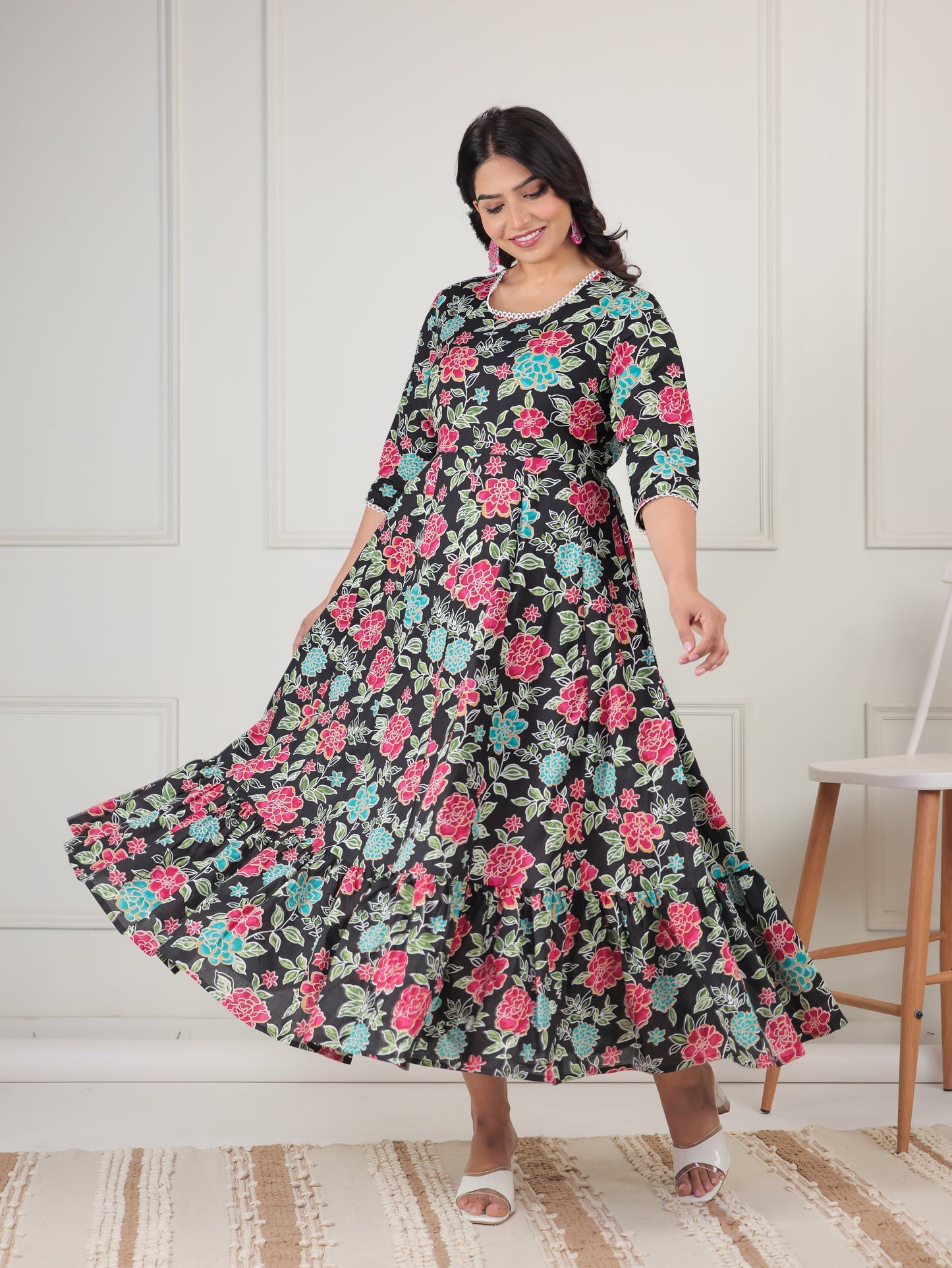 Soft Cotton Floral Tiered Black Dress