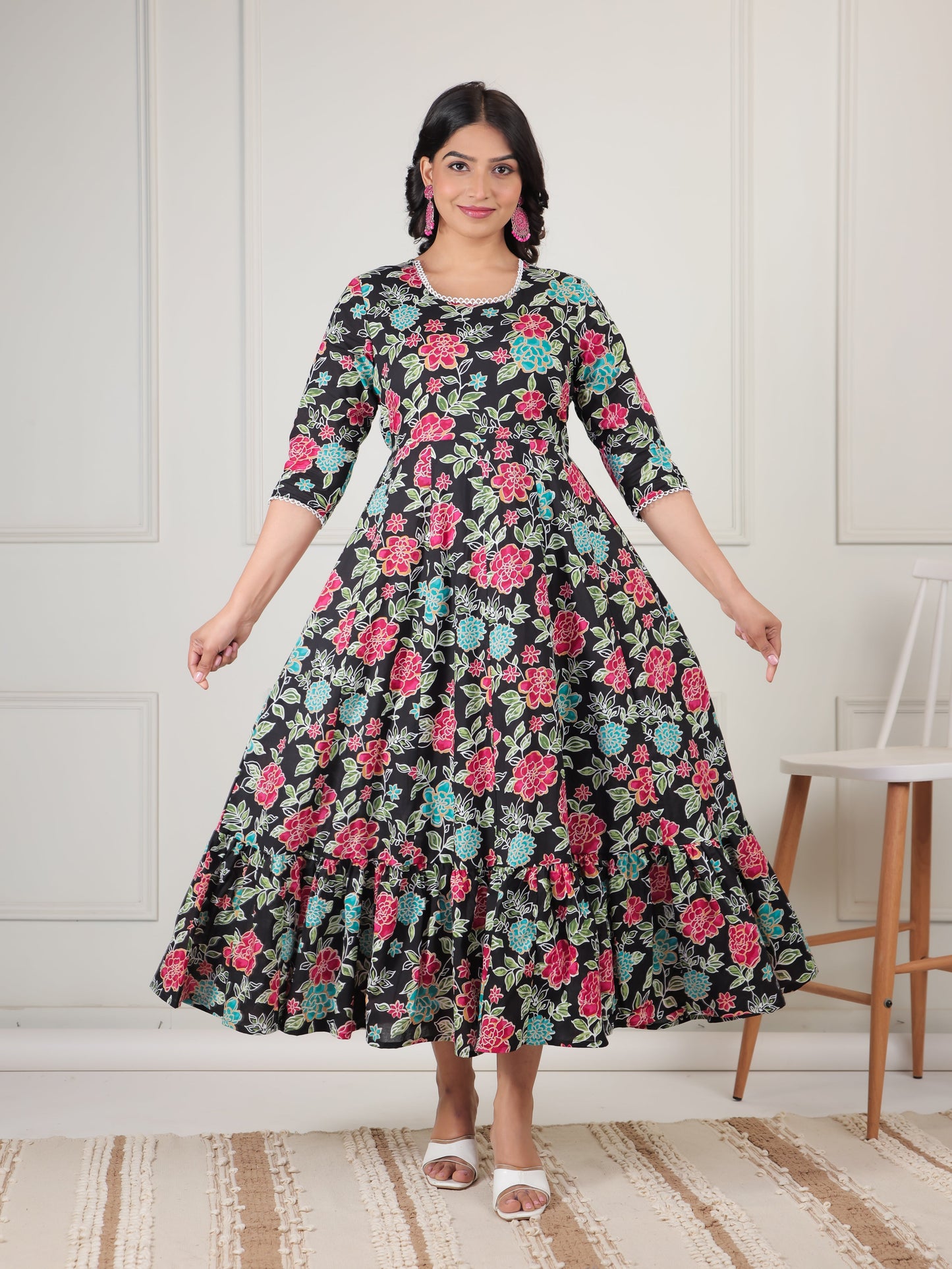 Soft Cotton Floral Tiered Black Dress
