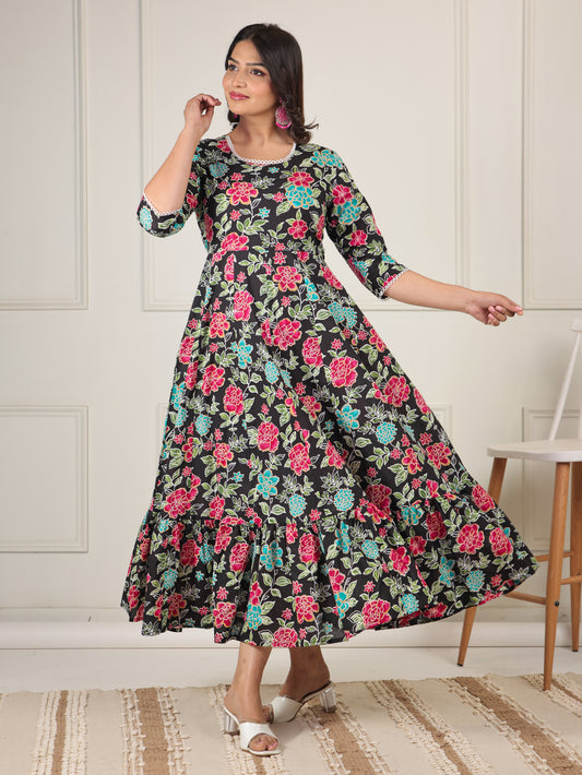 Soft Cotton Floral Tiered Black Dress